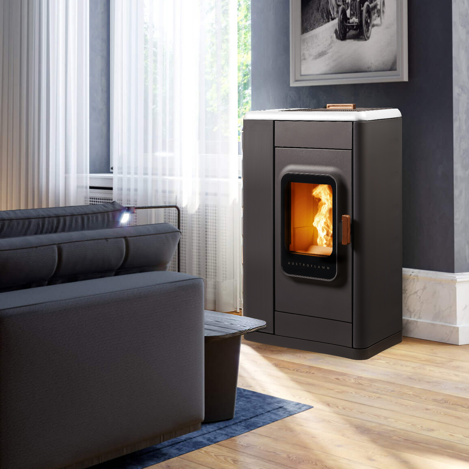 Austroflamm Ruby Pelletofen Stahl Schwarz, Topplatte Keramik Weiß Austroflamm Ruby Pelletofen Stahl Schwarz, Topplatte Keramik Weiß