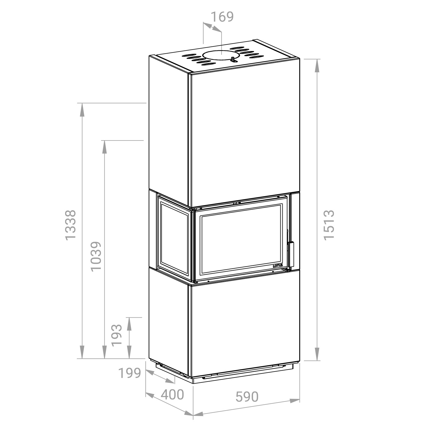 Lotus Visto L Kaminofen Speckstein, Seitenglas links, Rauchabgang oben