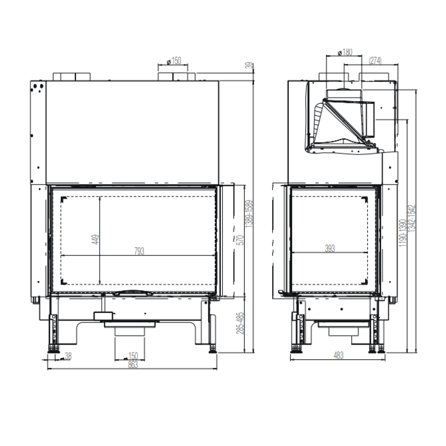 Austroflamm 89x49x57 S 3.0 Eck-Kamineinsatz rechts inkl. Schiebetür, Keramott schwarz