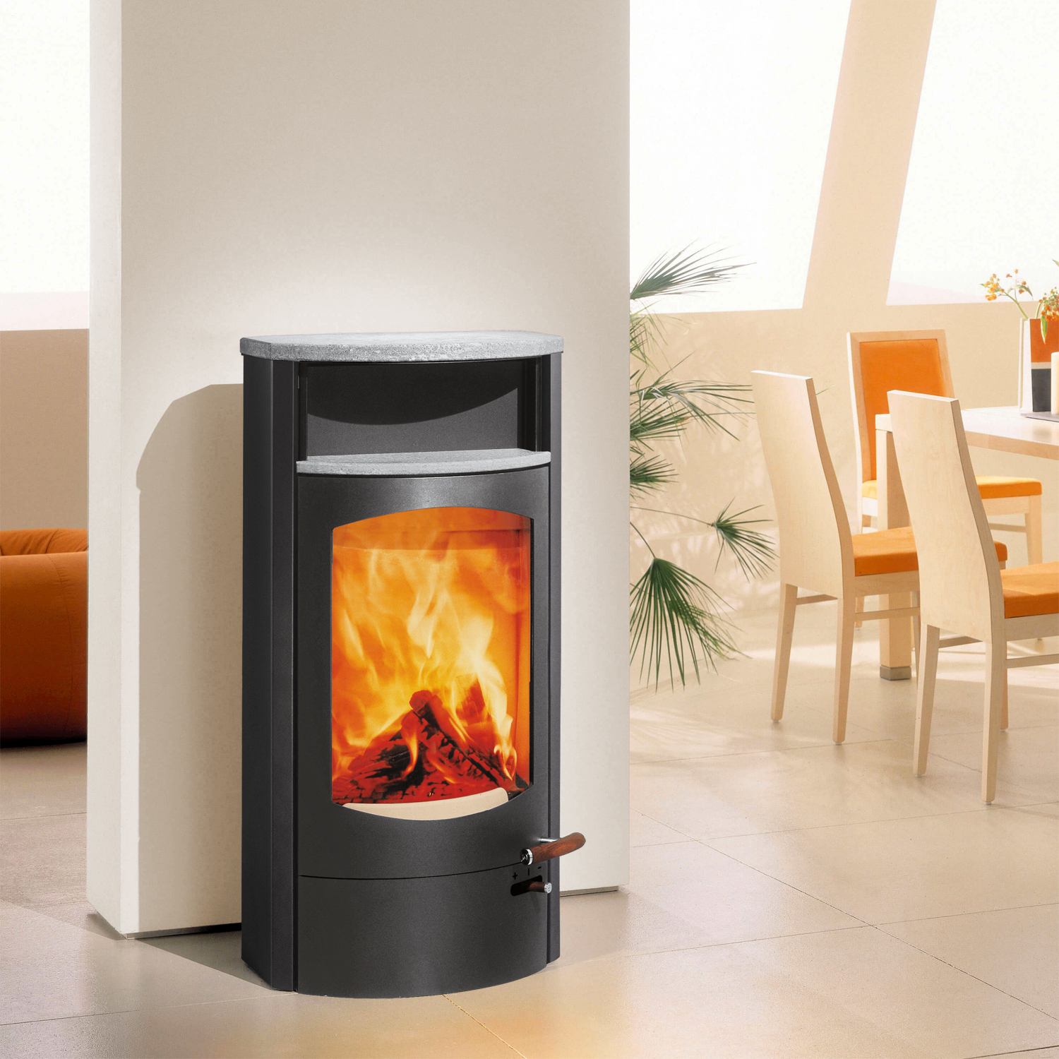 Austroflamm Koko 2.0 Kaminofen Stahl Gussgrau, Warmhaltefach Speckstein, Topplatte Speckstein, RRA hinten