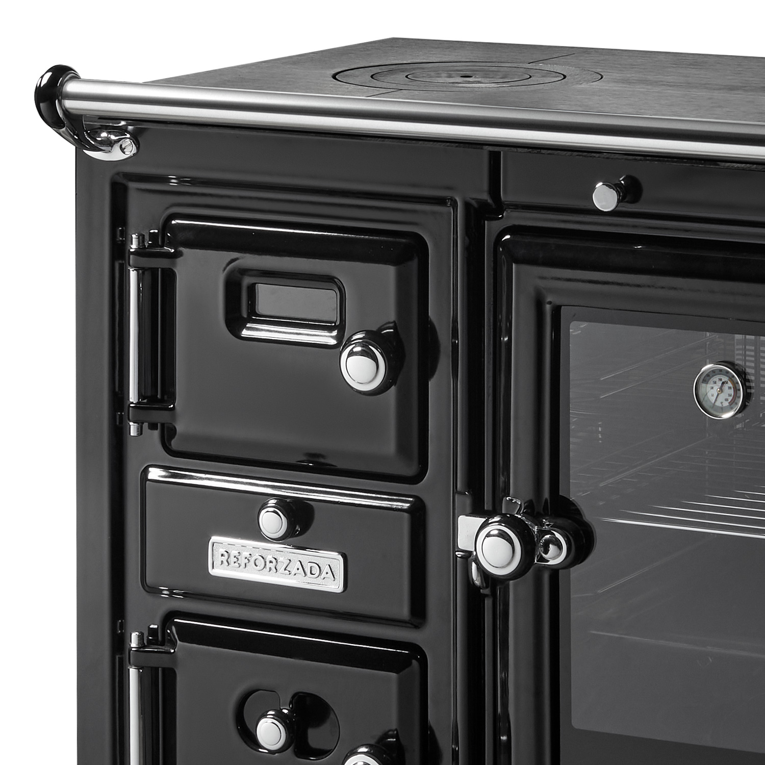 Hergom Saja 7/90 CC SE wasserführender Küchenofen Gusseisen schwarz, Herdplatte Gusseisen, RR hinten