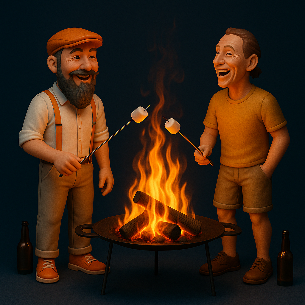 petromax-feuerschale-mit-zwei-männern-am-feuer,-die-sich-freuen---im-comic-stil