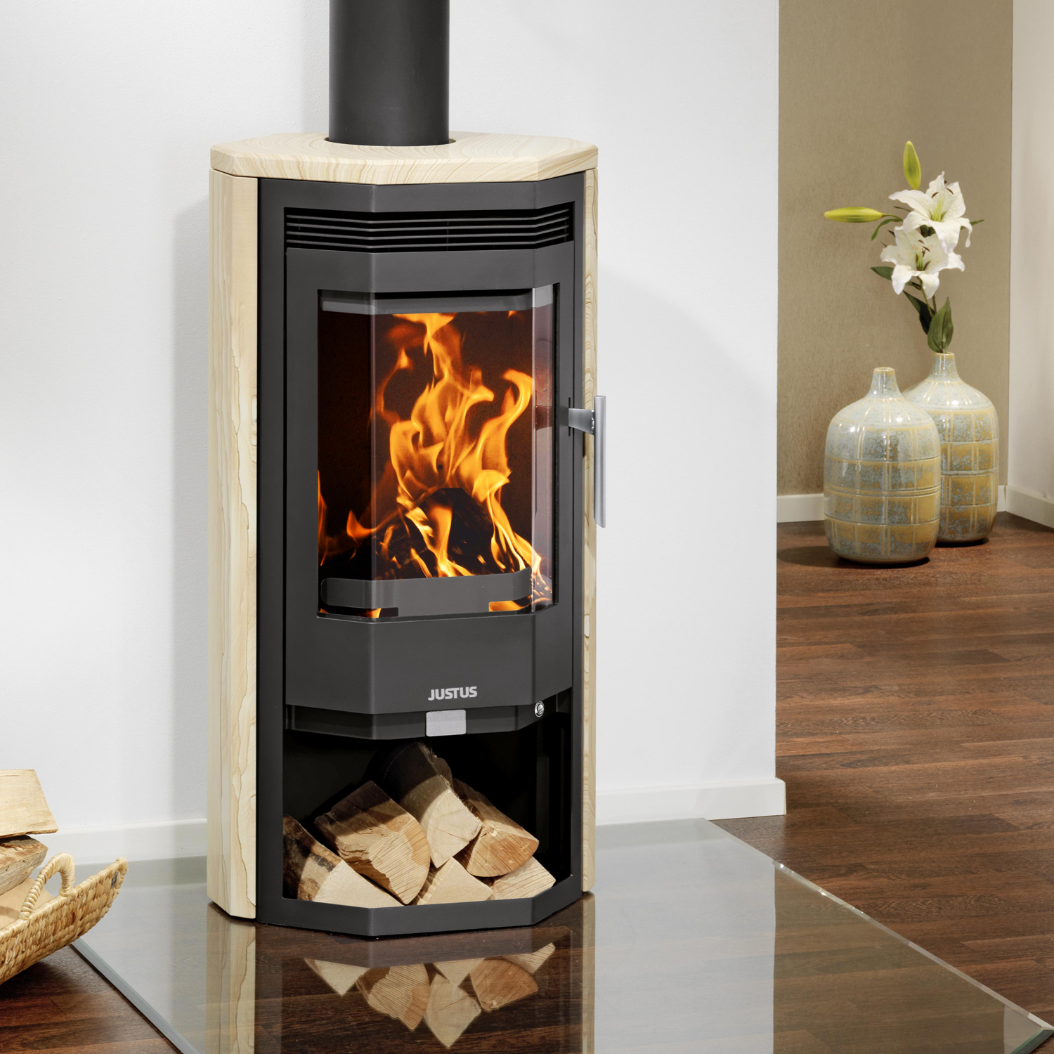 Justus Usedom 5D Kaminofen Stahl Schwarz / Sandstein Justus Usedom 5D Kaminofen Stahl Schwarz / Sandstein