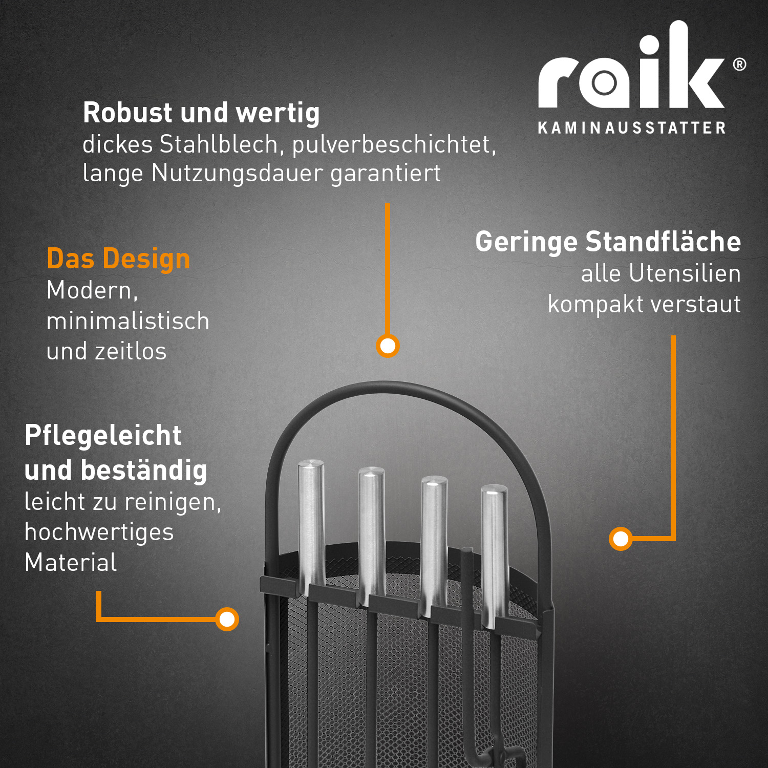 Kaminbesteck Albert, 4-teilig, schwarz, Edelstahlgriffe, 66 cm