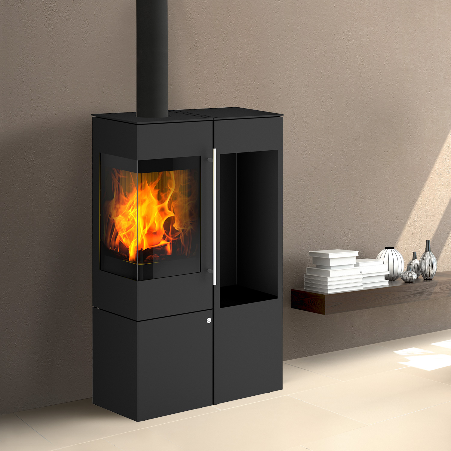 Olsberg Ipala Smart Compact Kaminofen Stahl schwarz, Türanschlag links, Stahltür mit Holzregal rechts Olsberg Ipala Smart Compact Kaminofen Stahl schwarz, Türanschlag links, Stahltür mit Holzregal rechts