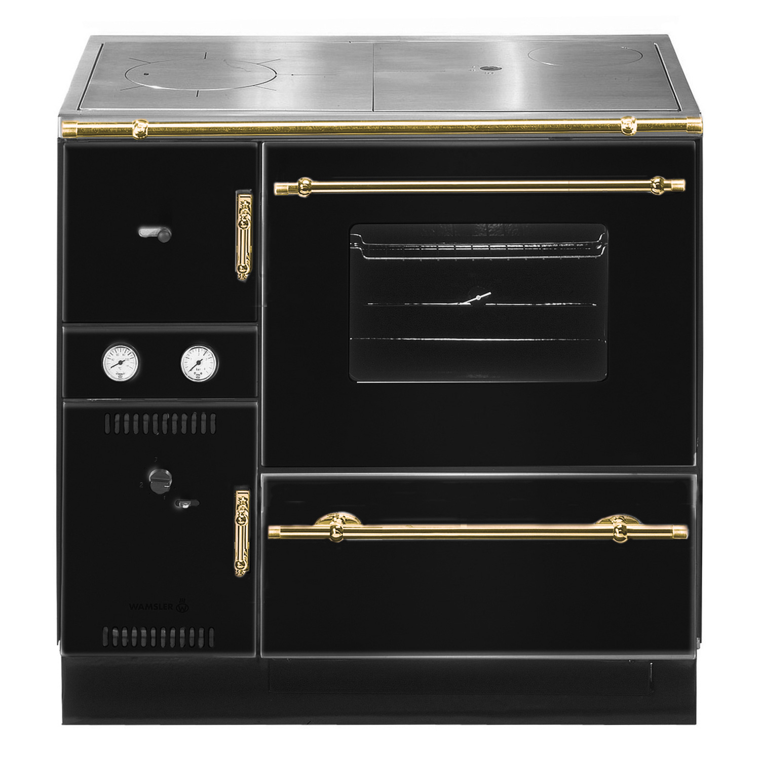 Wamsler K 148 CL Küchenofen wasserführend Schwarz / Gold, Rauchrohr rechts Wamsler K 148 CL Küchenofen wasserführend Schwarz / Gold, Rauchrohr rechts