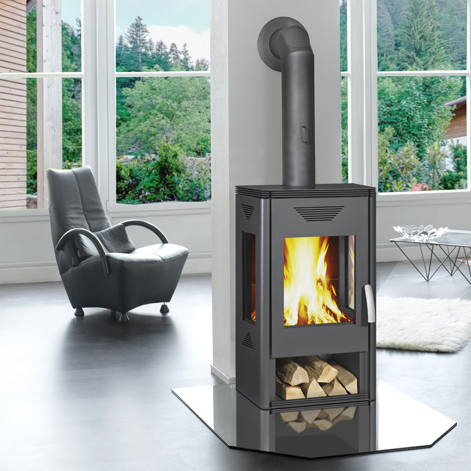 Wamsler Trion H Kaminofen Stahl Grau mit Holzlagerfach