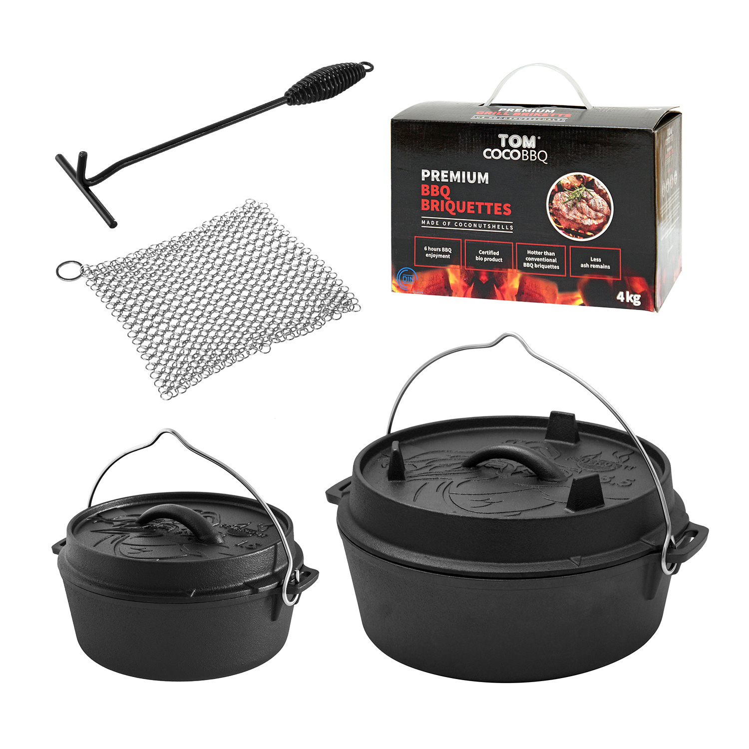 FEUERGOTT Dutch Oven 3,5 l + Dutch Oven 1,5 l + Deckelheber + Ringreiniger + Grill-Briketts