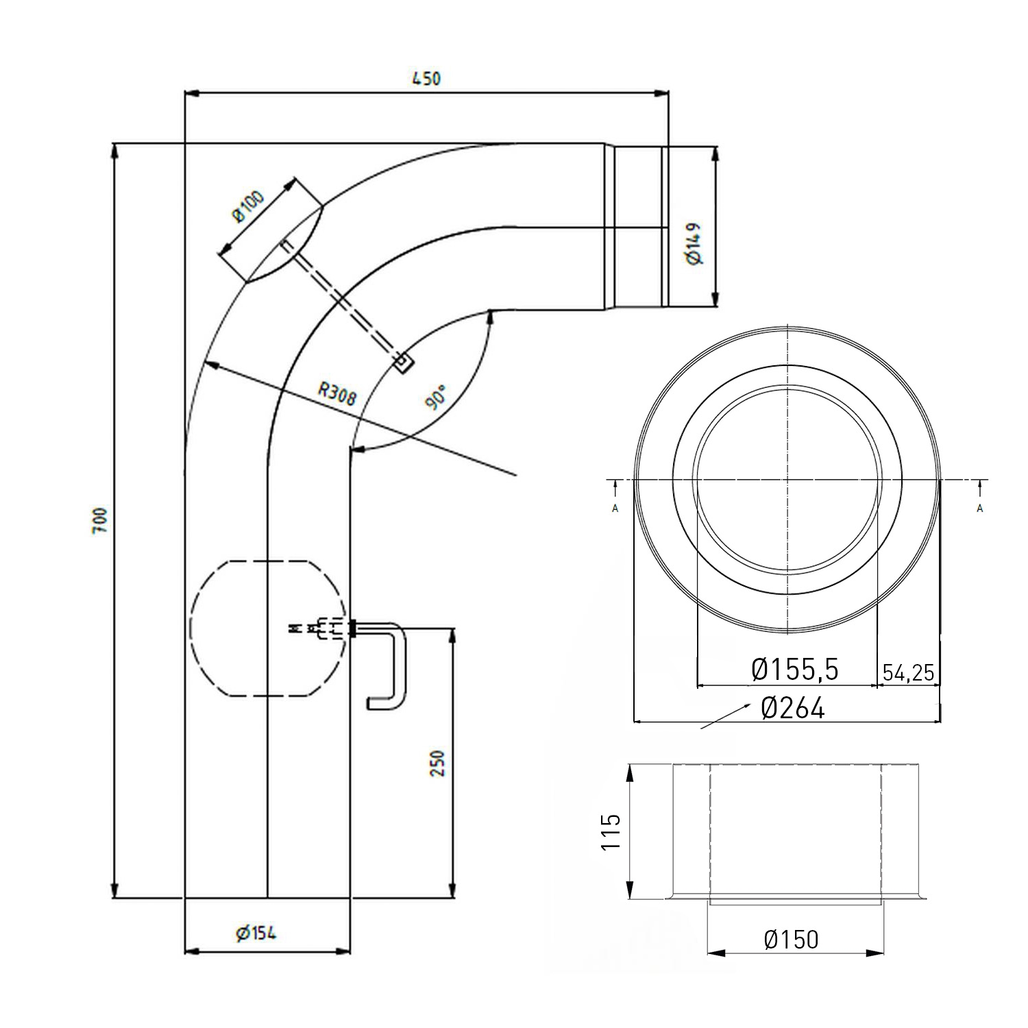 Raik WBG Set Lifestyle Durchmesser 150/90° 2,00mm glatt 700/450 mit eingelegter Tür, mit DKL mit Dichtung grau für Rauchrohr/ Ofenrohr