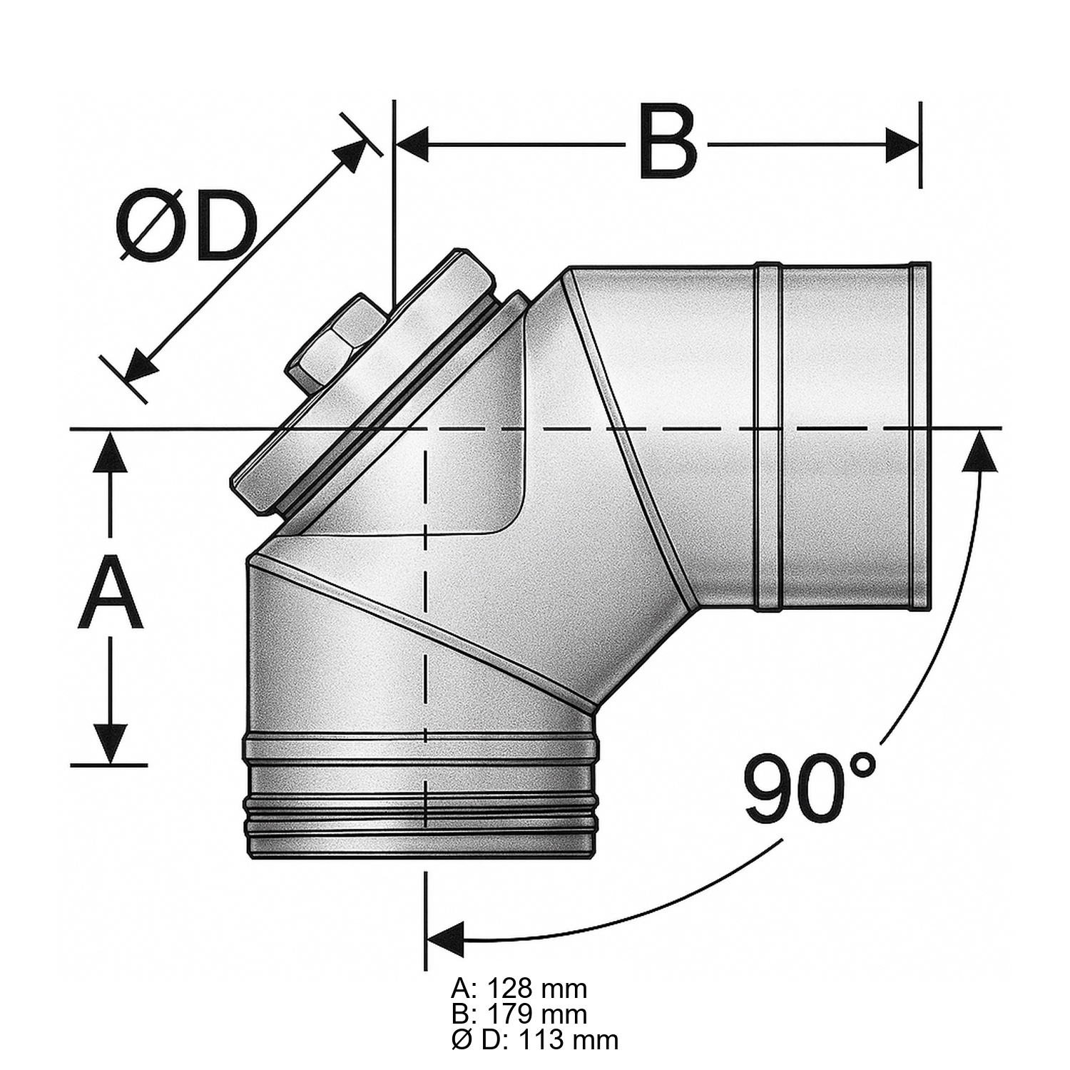 Schiedel PRIMA PLUS Bogen 90° Ø113 mm mit Revisionsverschluss für Öl/Gas einwandig matt