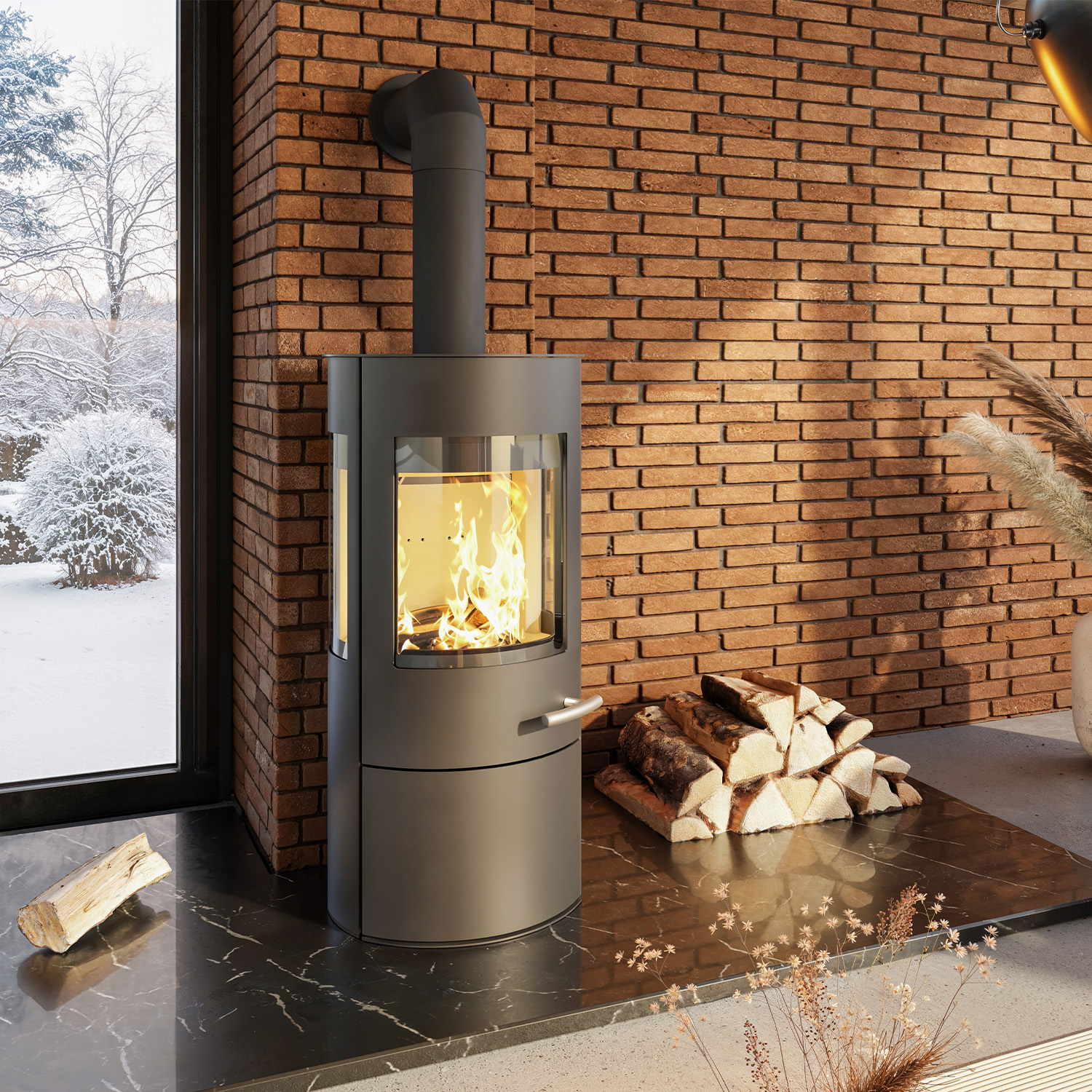 Haas+Sohn VITUS.l Stahl Kaminofen 3-Sichtscheiben mit Kochplatte mit Holzfach und Türe tief-schwarz