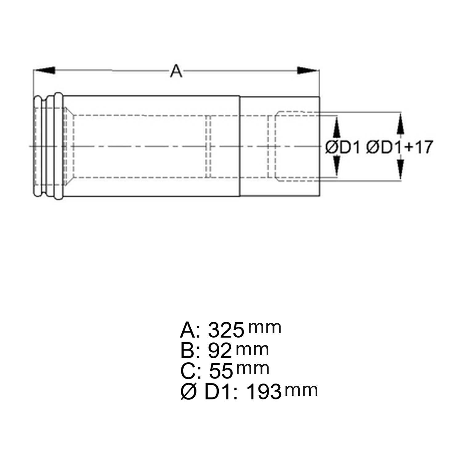 Schiedel Anschlussfutter Ø200 einwandig, kürzbar für ICS Ø200 mm doppelwandig glänzend
