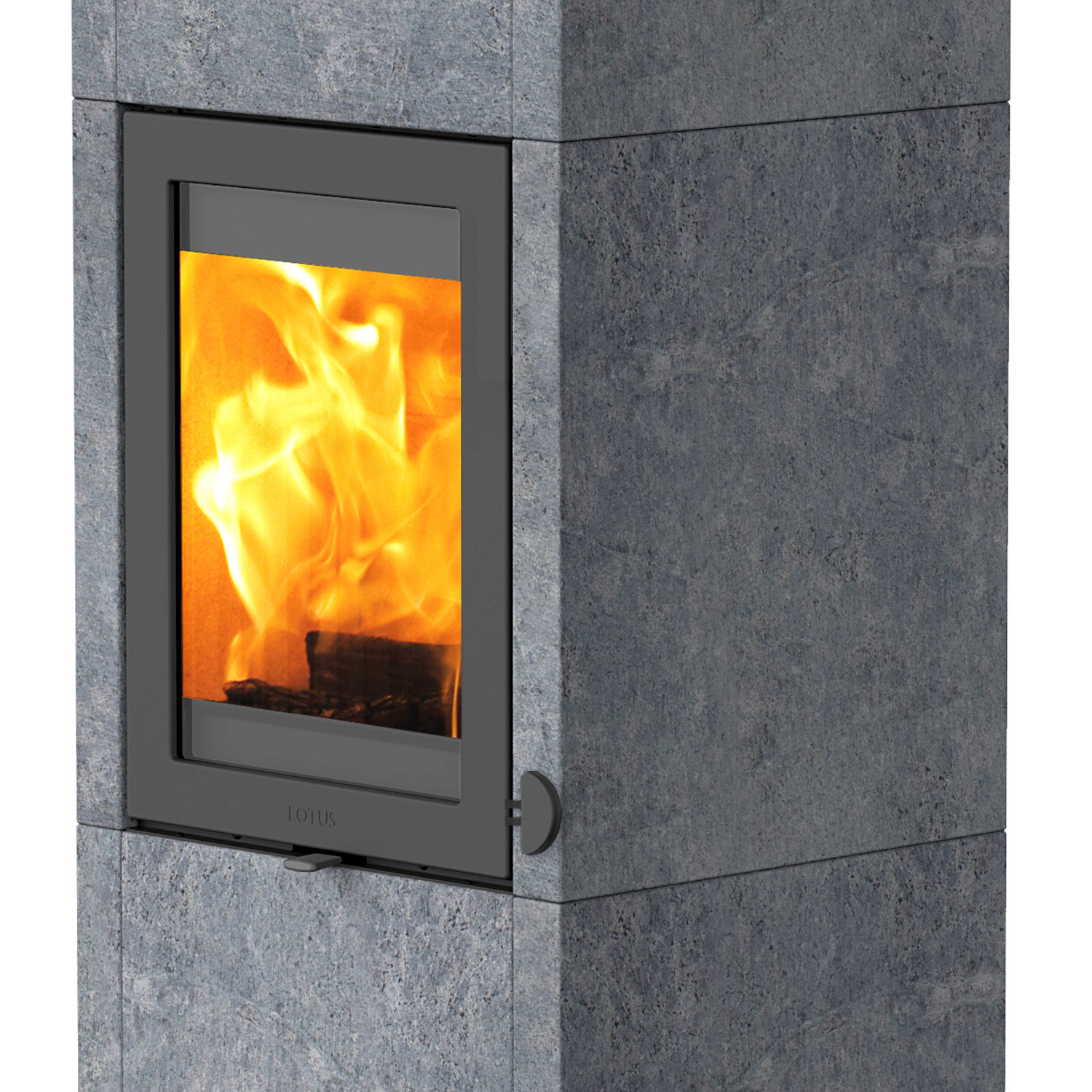 Lotus QM40 Kaminofen Speckstein, Tür Grau, Rauchabgang hinten Lotus QM40 Kaminofen Speckstein, Tür Grau, Rauchabgang hinten