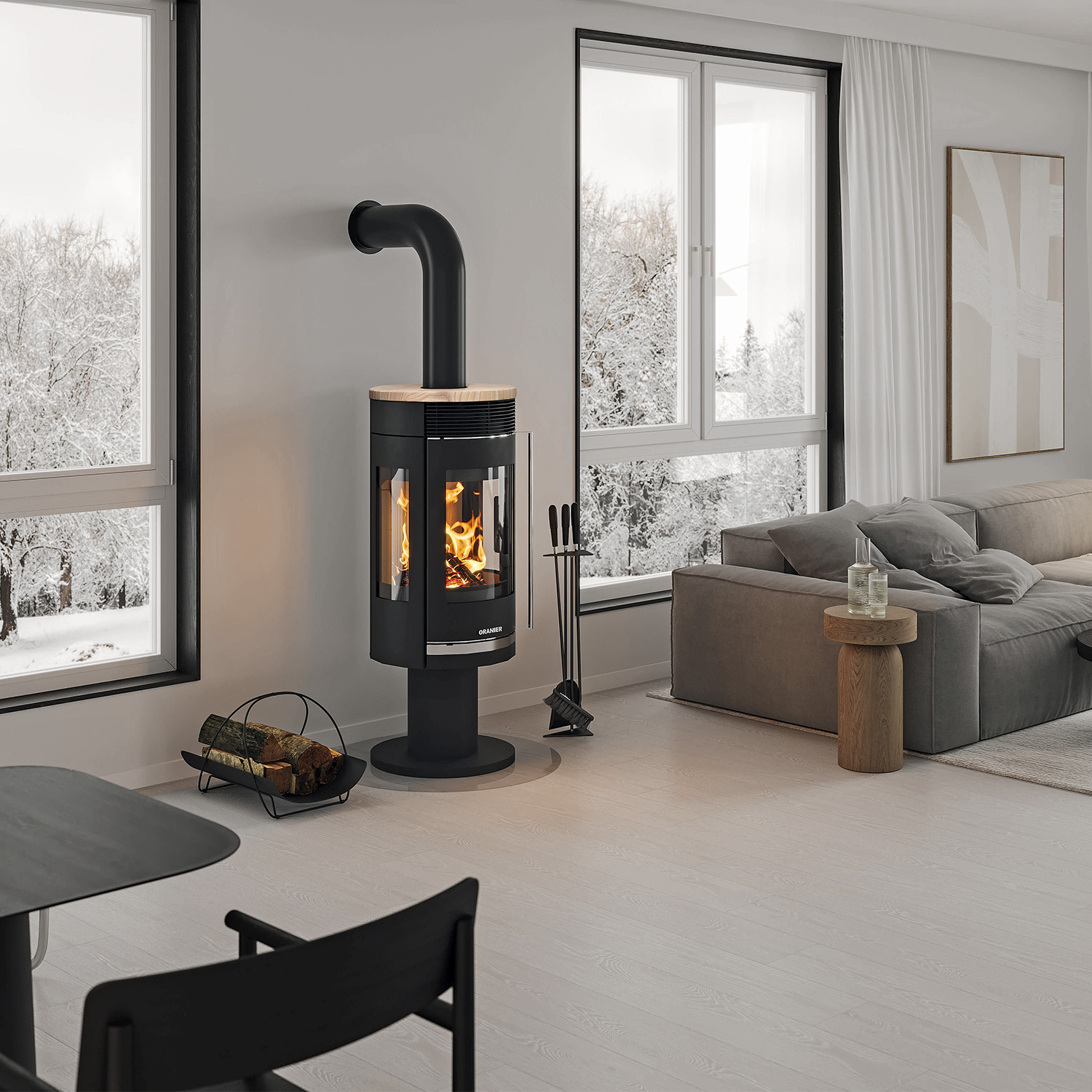 Oranier Rota Twist Kaminofen Stahl Schwarz / Topplatte Sandstein