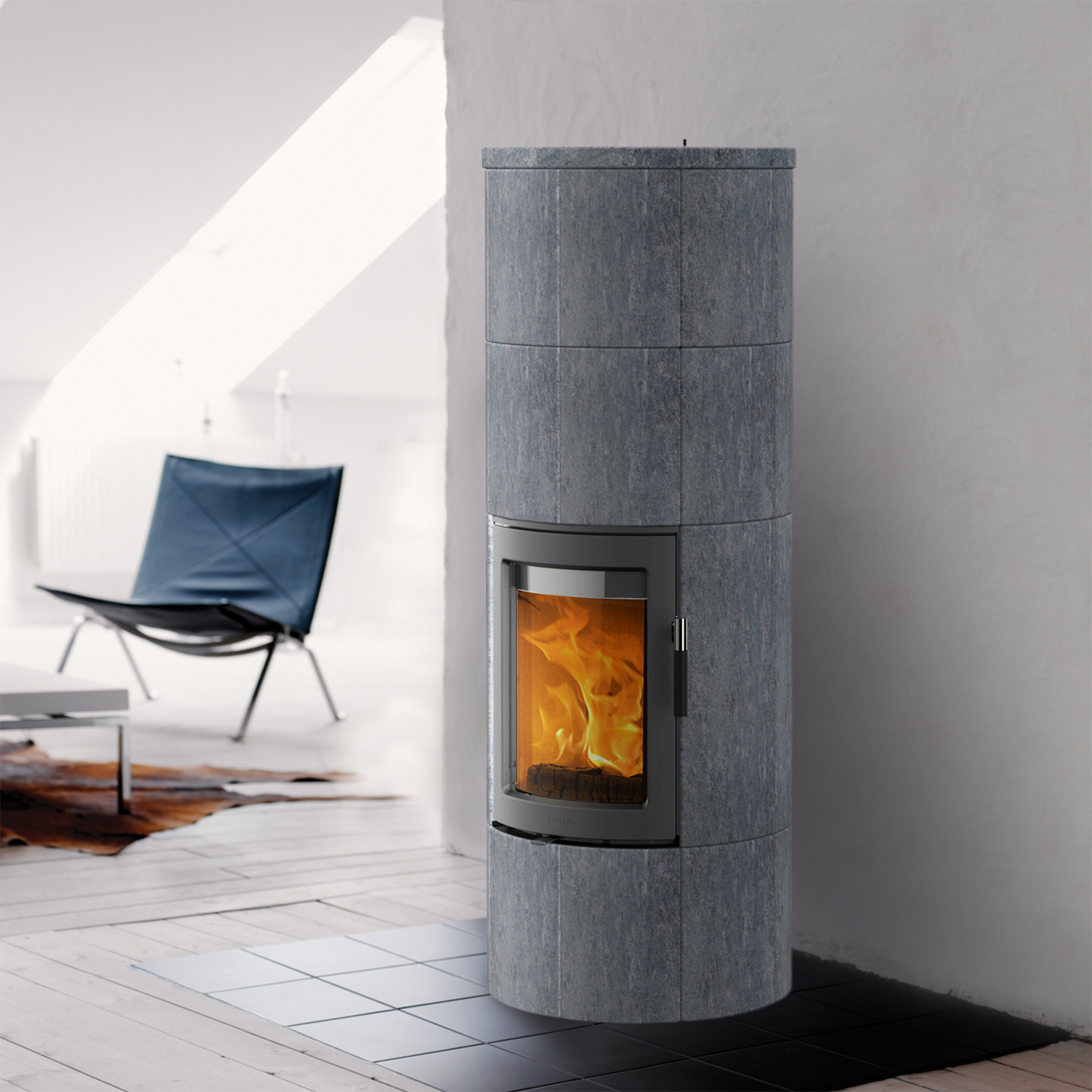 Lotus Maestro 2 Kaminofen Speckstein, Tür Grau, Rauchabgang hinten