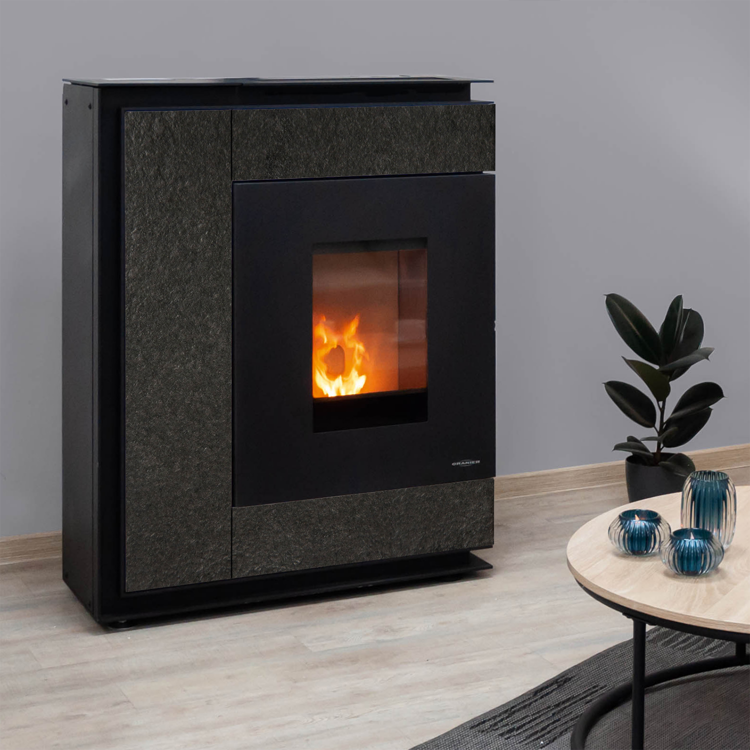 Oranier Boreas Aqua Wasserführender Pelletofen Sintered Stone Schiefer, Rauchabgang hinten Oranier Boreas Aqua Wasserführender Pelletofen Sintered Stone Schiefer, Rauchabgang hinten