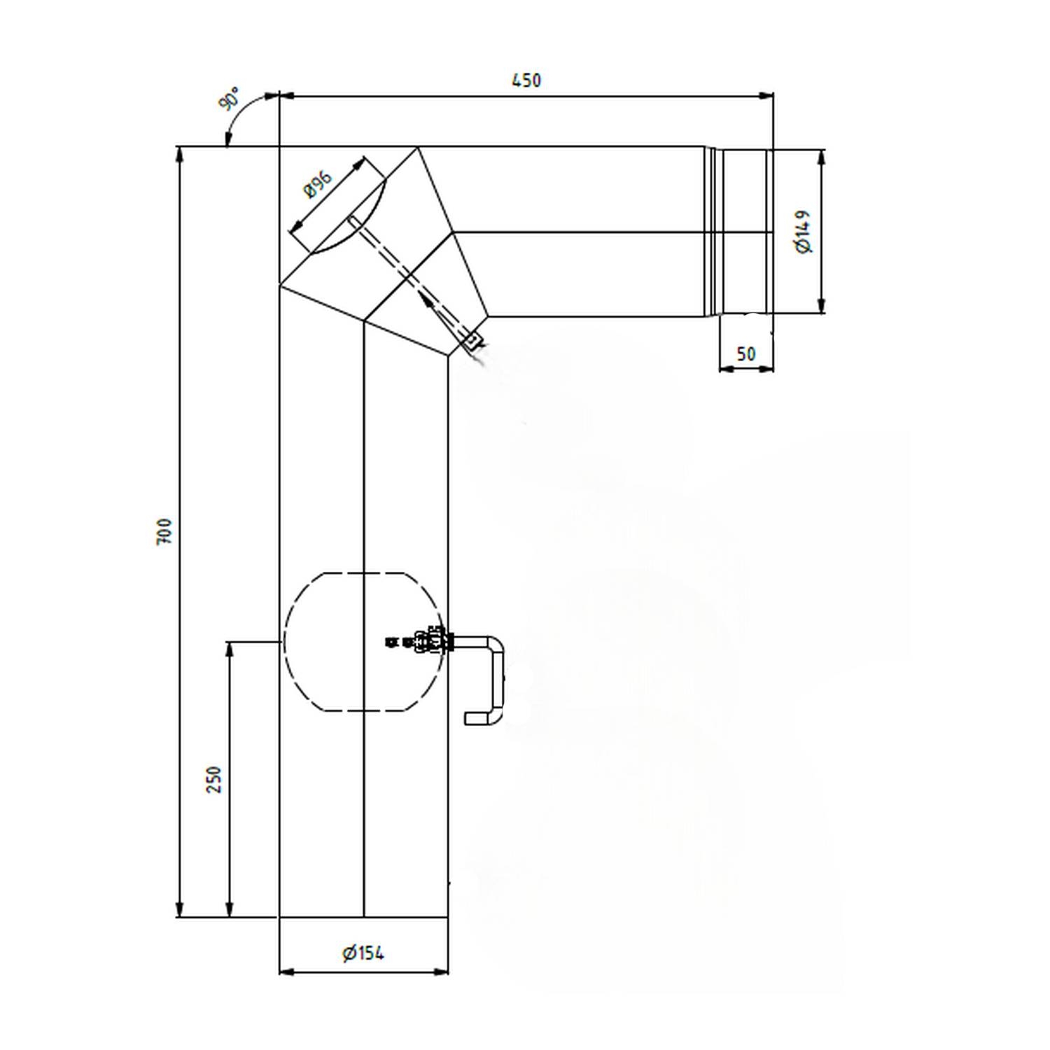 Raik Lifestyle Winkelbogen Durchmesser 150/90° 2,00mm 3-tlg 700/450 mit eingelegter Tür, mit DKL schwarz für Rauchrohr/ Ofenrohr