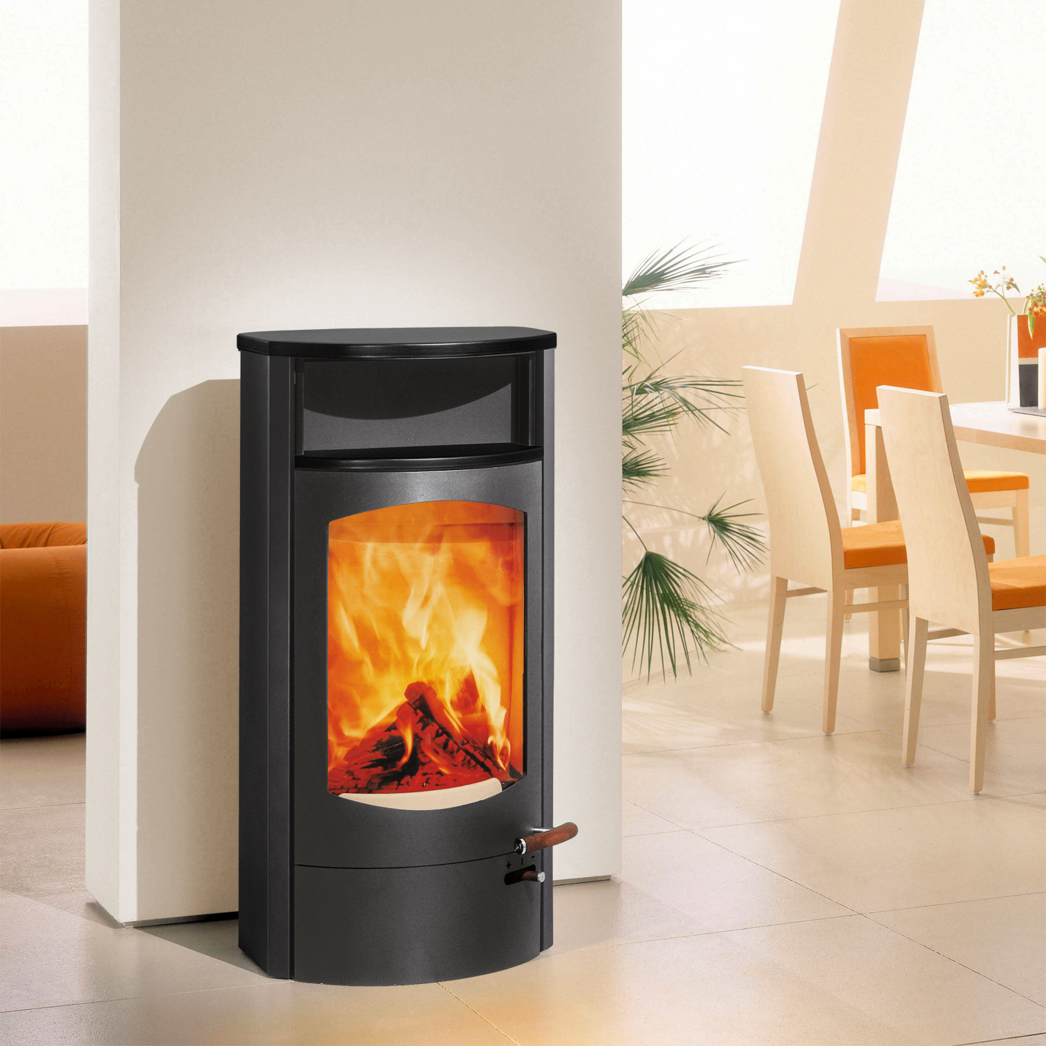Austroflamm Koko 2.0 Kaminofen Stahl Gussgrau, Warmhaltefach Keramik Schwarz matt, Topplatte Keramik Schwarz matt, RRA hinten