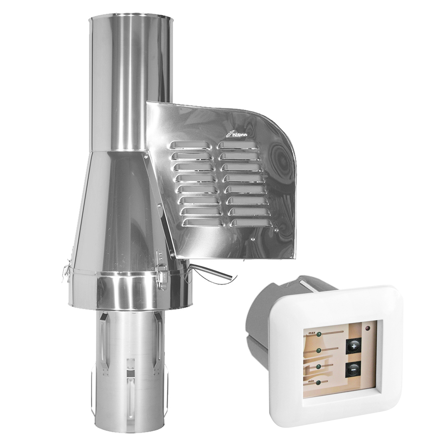 Rauchgasventilator GCK200 mit verlängertem Einschub reduzierend + 12-Stufen-Regler Unterputz Rauchgasventilator GCK200 mit verlängertem Einschub reduzierend + 12-Stufen-Regler Unterputz