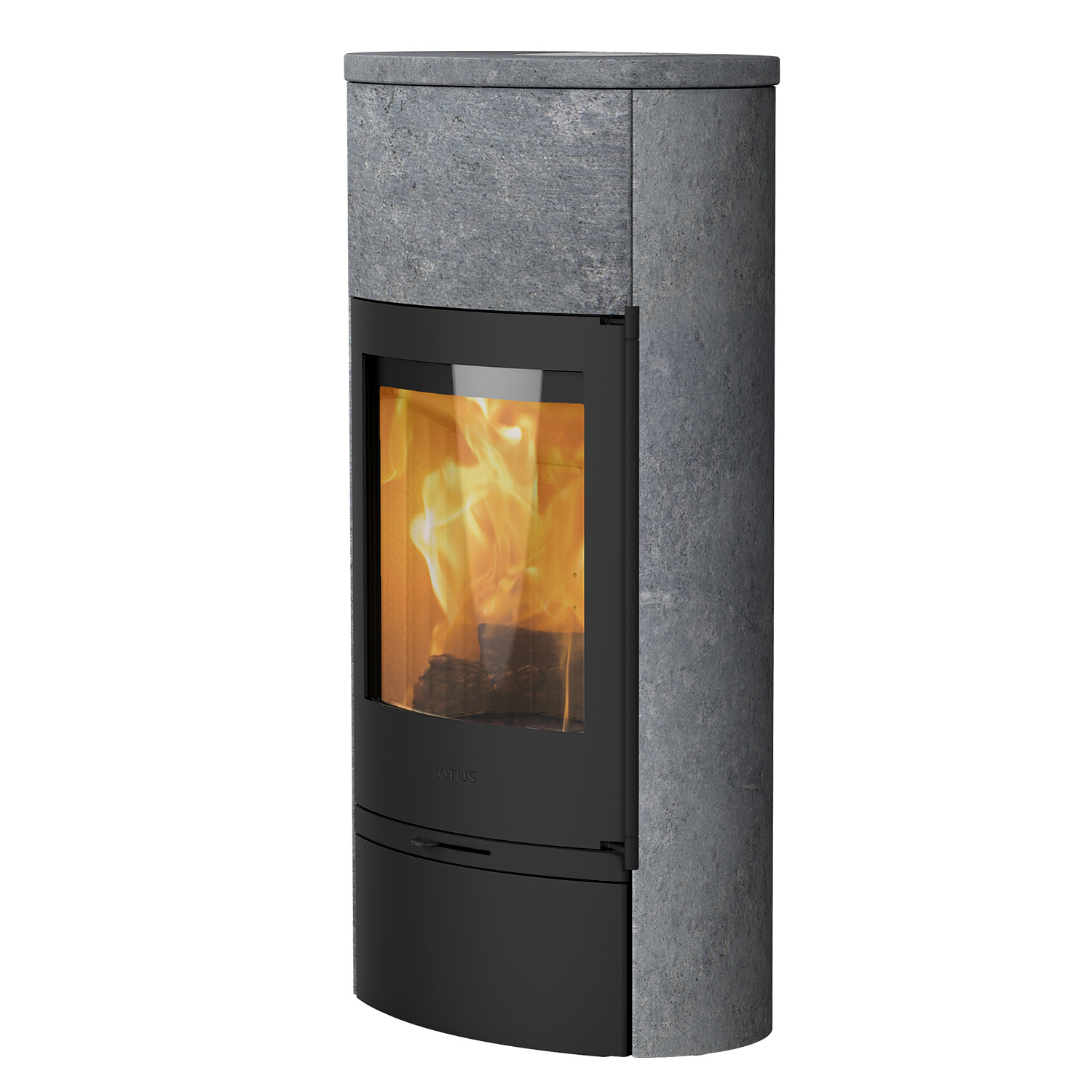 Lotus Jubilee 35M Kaminofen Schwarz/ Speckstein, Rauchabgang hinten + 1 m³ Kaminholz gratis