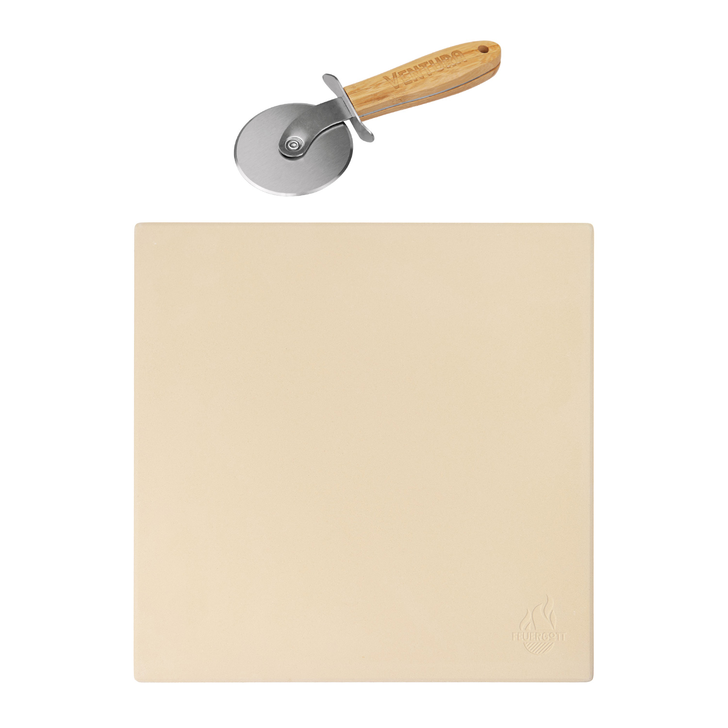FEUERGOTT Pizzastein eckig 33 x 33 cm + Ventura Pizzaschneider