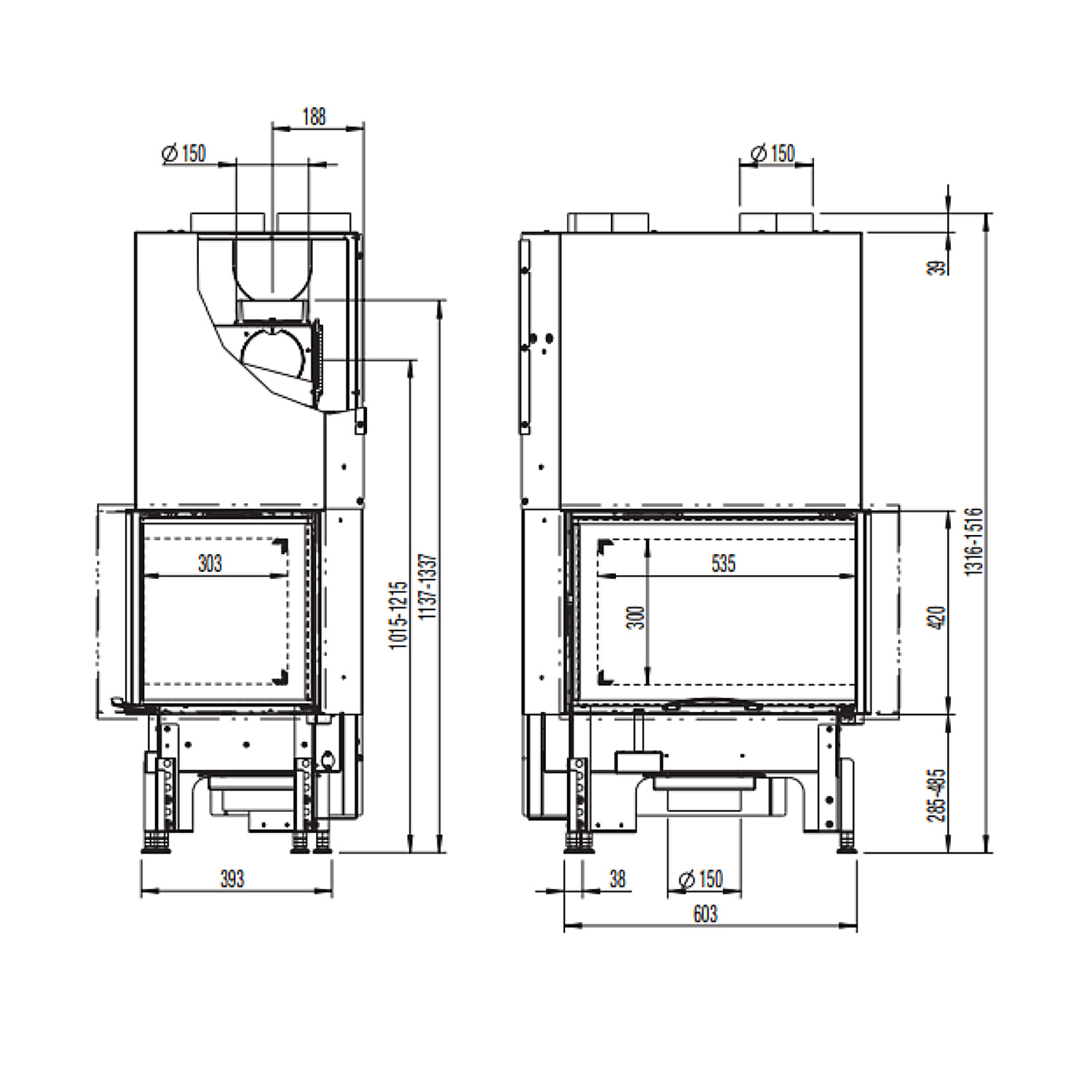 Austroflamm 63x40x42 S 2.0 Kamineinsatz Ecke rechts Feuerraum Schwarz