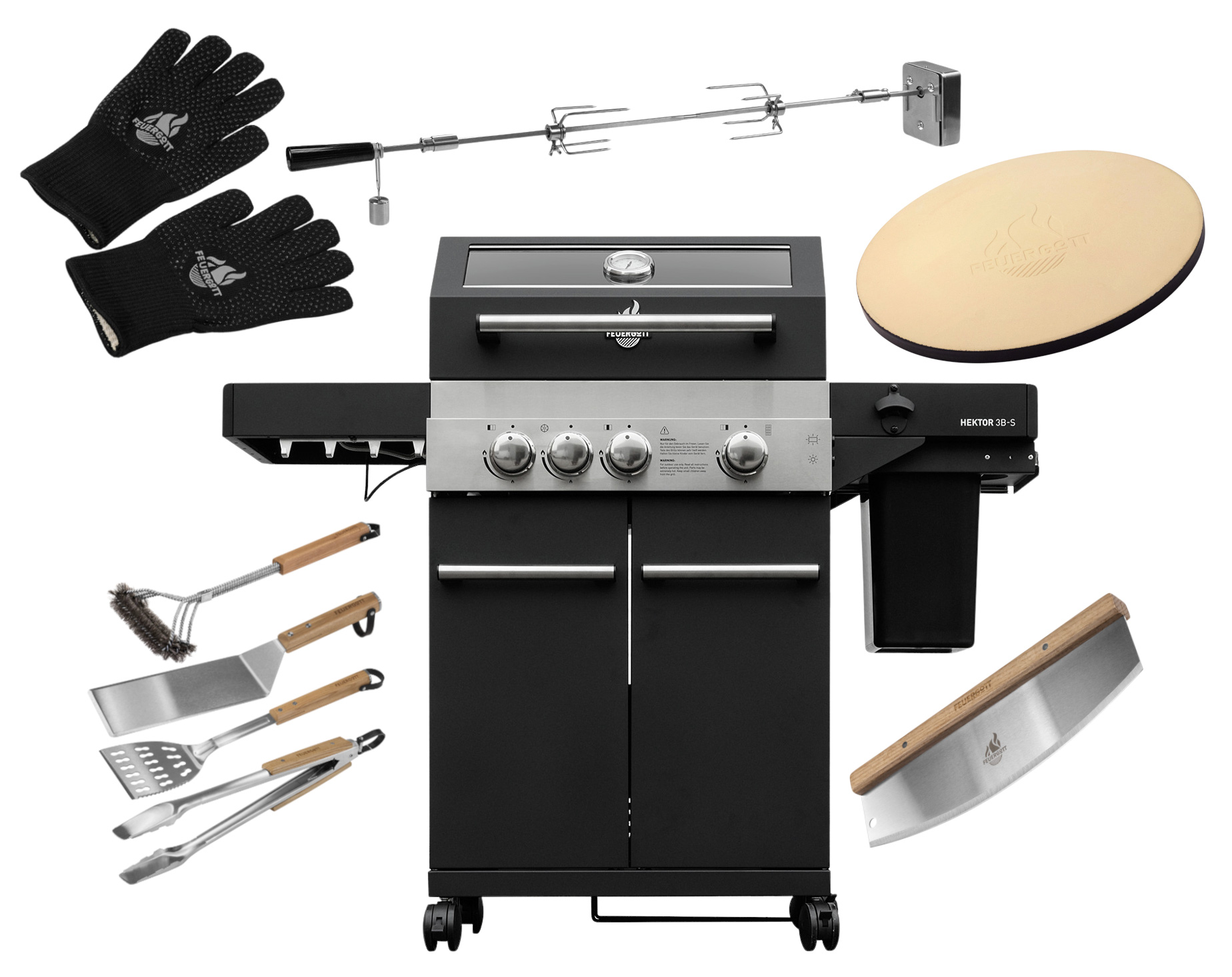 FEUERGOTT Gas-Grillstation Hektor 3B-S Pizza Set mit Abdeckhaube, Drehspieß, Pizzastein, Grillutensilien, Pizzaschneider, Infrarotbrenner, Seitenkocher