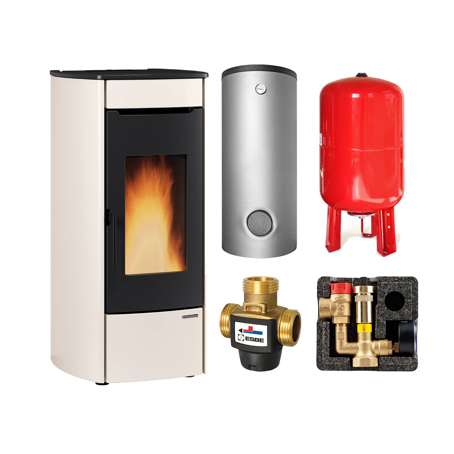 Extraflame Marina Idro 16 H13 wasserführender Pelletofen Stahl Elfenbein - THKE 600 Kombi-Speicher montiert silber 1x WT -Heizungsausdehnungsgefäß 80 L