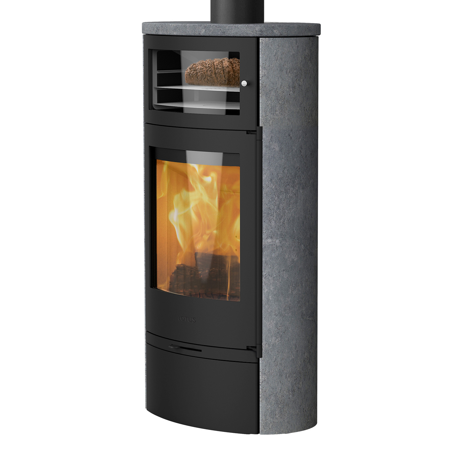Lotus Jubilee 35 Kaminofen Schwarz / Speckstein mit Warmhaltefach, RR hinten od. RR oben
