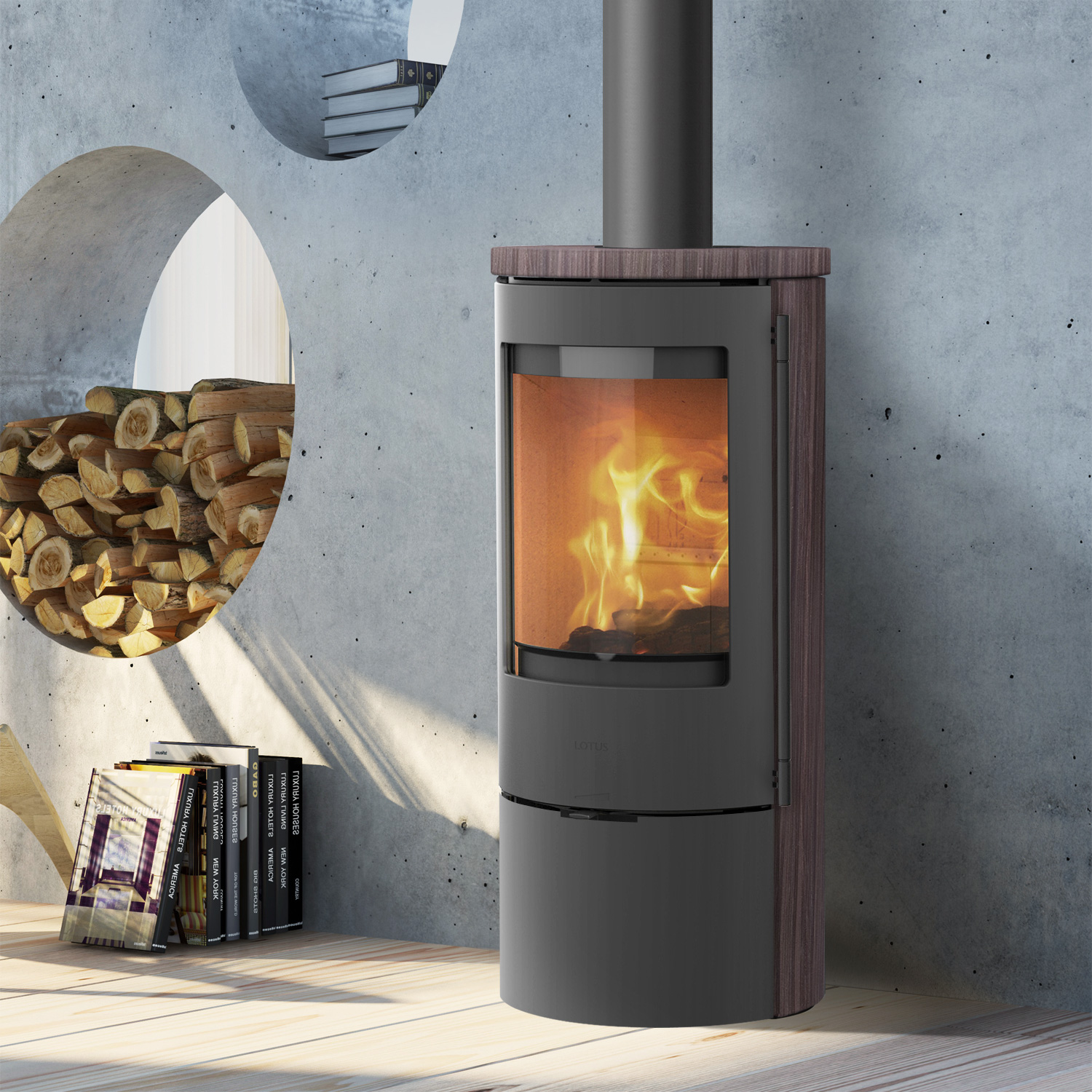 Lotus Prestige Basic S Kaminofen Coffee Stone, Korpus Grau, Rauchrohranschluss oben
