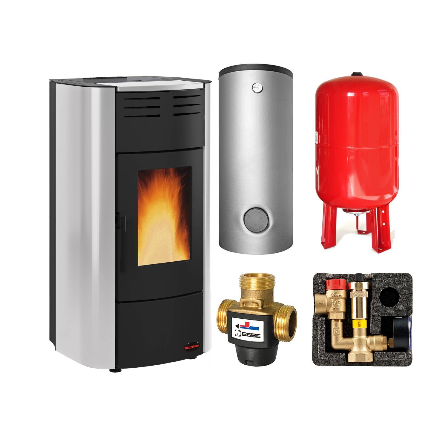 Extraflame RAFFAELLA IDRO H15 5.0.16 wasserführender Pelletofen Stahl GRLC grau - SH 550 Hygiene-Schichtenkombispeicher montiert silber -Heizungsausdehnungsgefäß 80 L