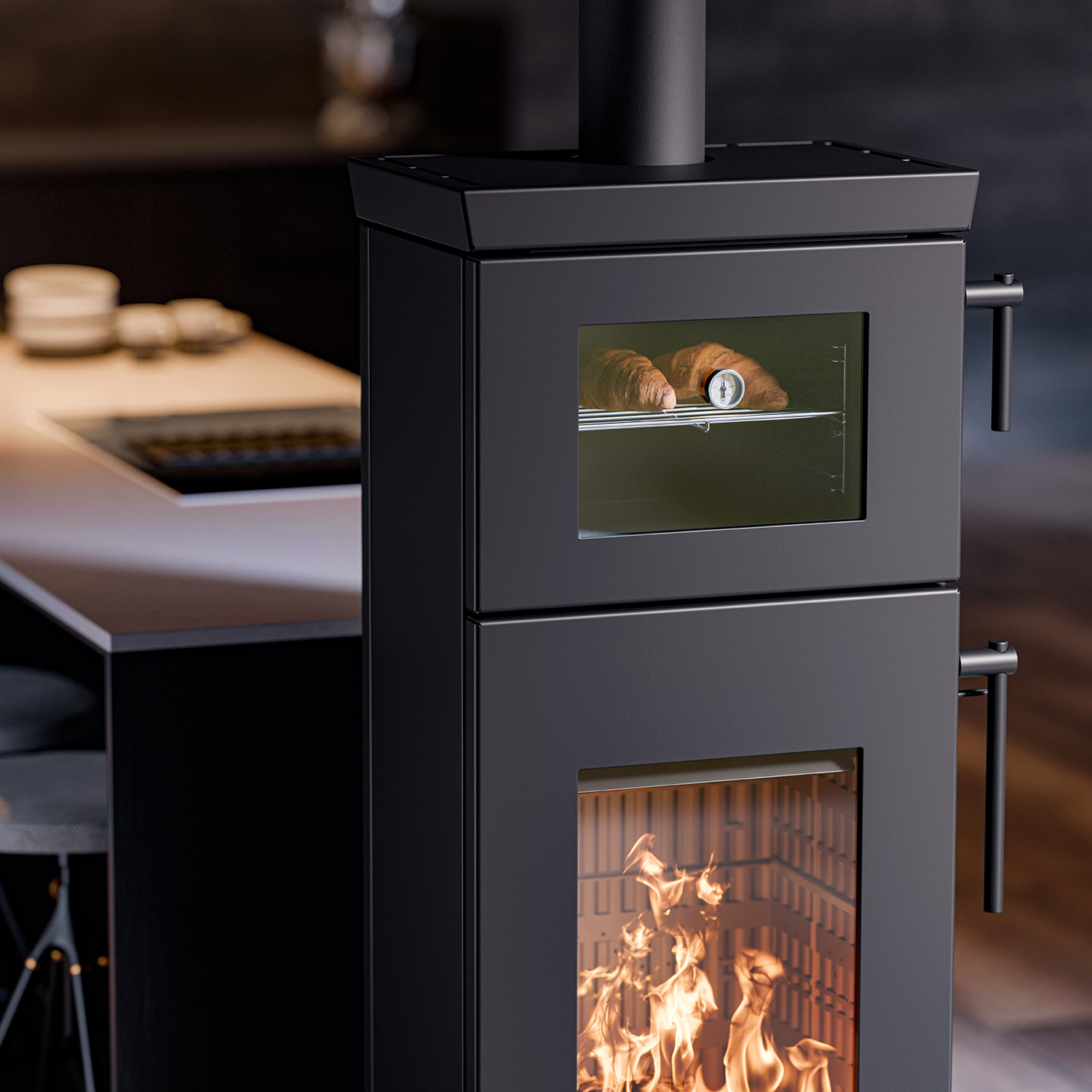 Thermorossi Kaminofen Zen O Evo6 mit Backfach und Holzfach Matt Schwarz
