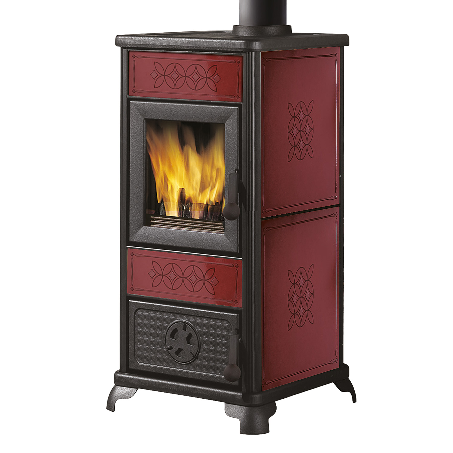 EK63 Decor Kaminofen Keramik bordeaux Rauchrohr oben