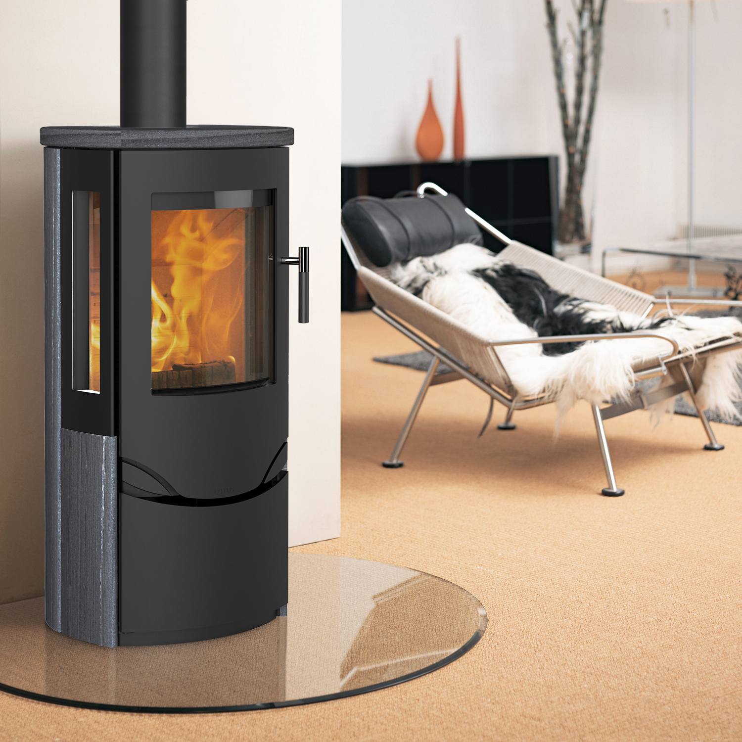Lotus Prio 6 Kaminofen schwarz/ Indian Night / Seitenglas, RR hinten od. RR oben