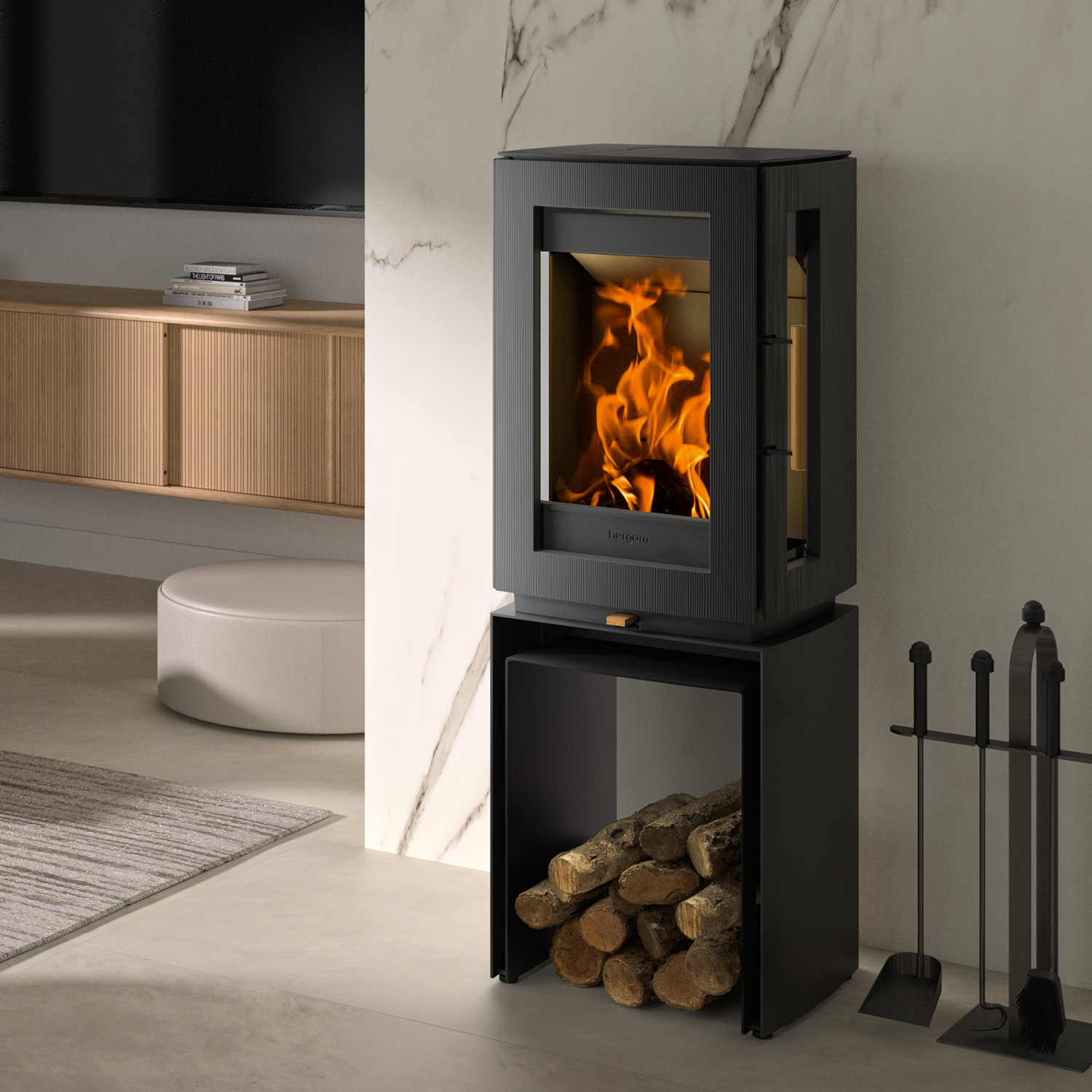 Hergom Glow Kaminofen Gusseisen Schwarz mit Bankerhöhung Hergom Glow Kaminofen Gusseisen Schwarz mit Bankerhöhung