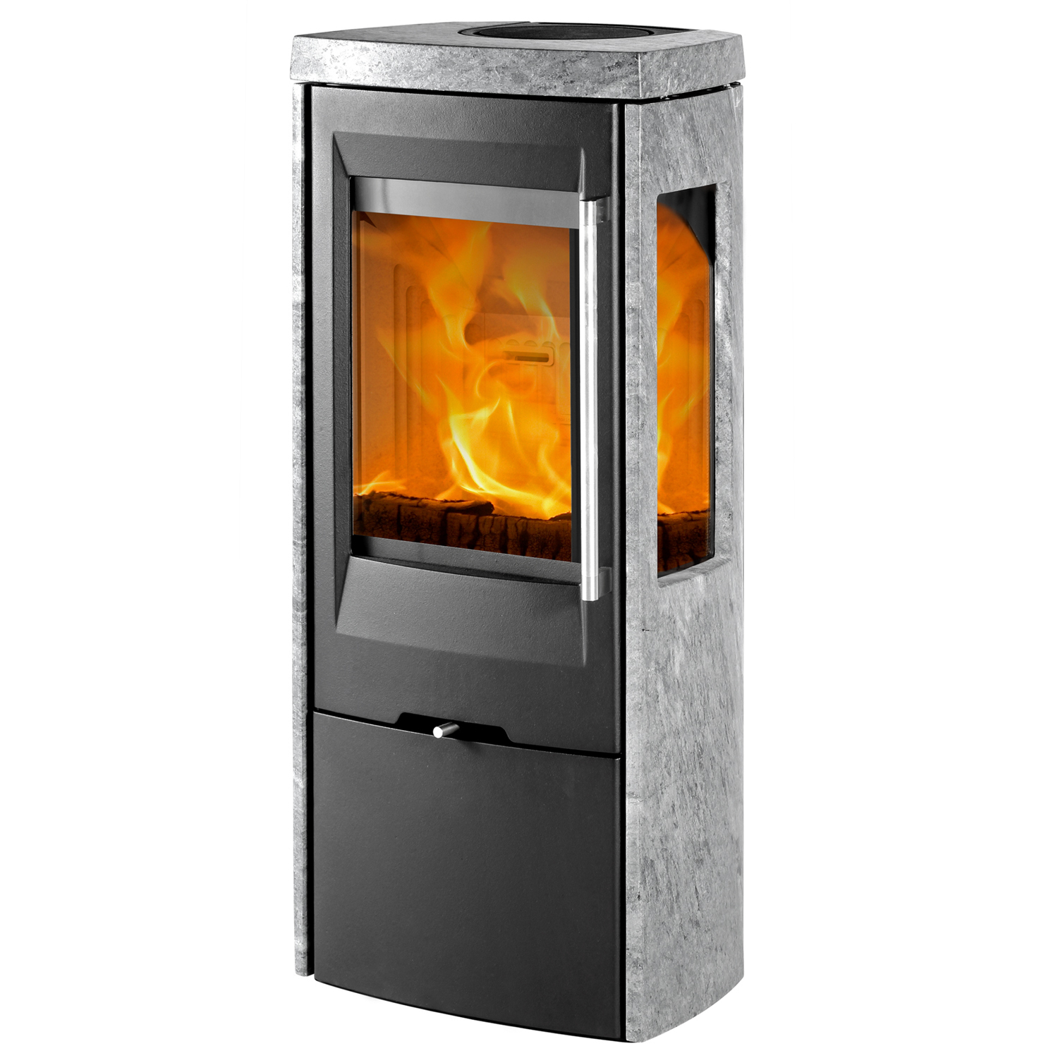 TermaTech TT30GS Kaminofen Stahl Schwarz/Speckstein, 3-seitige Verglasung, Rauchrohr hinten TermaTech TT30GS Kaminofen Stahl Schwarz/Speckstein, 3-seitige Verglasung, Rauchrohr hinten