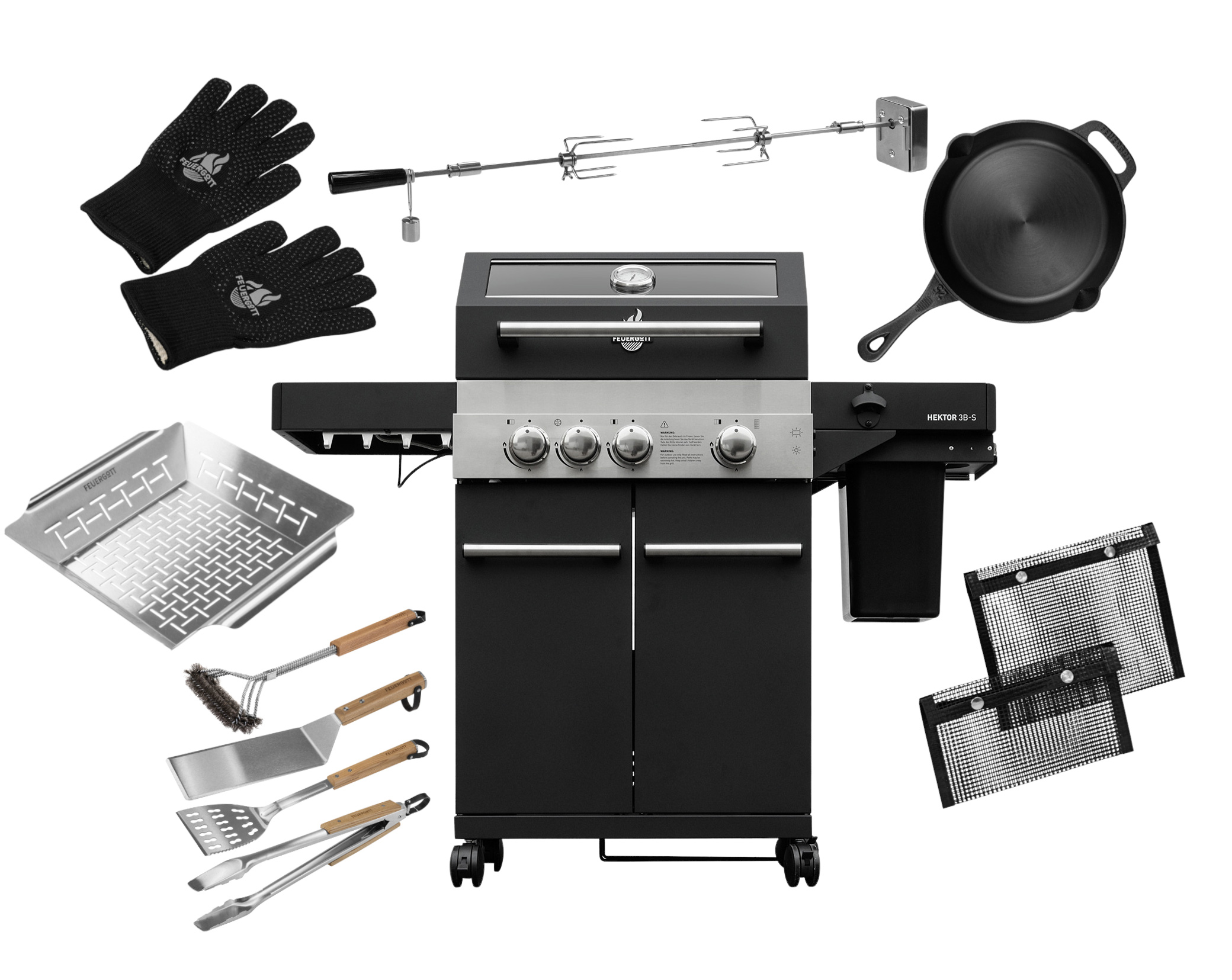 FEUERGOTT Gas-Grillstation Hektor 3B-S BBQ Set mit Abdeckhaube, Drehspieß, Grillzubehör, 2 Brenner, Infrarotbrenner, Seitenkocher