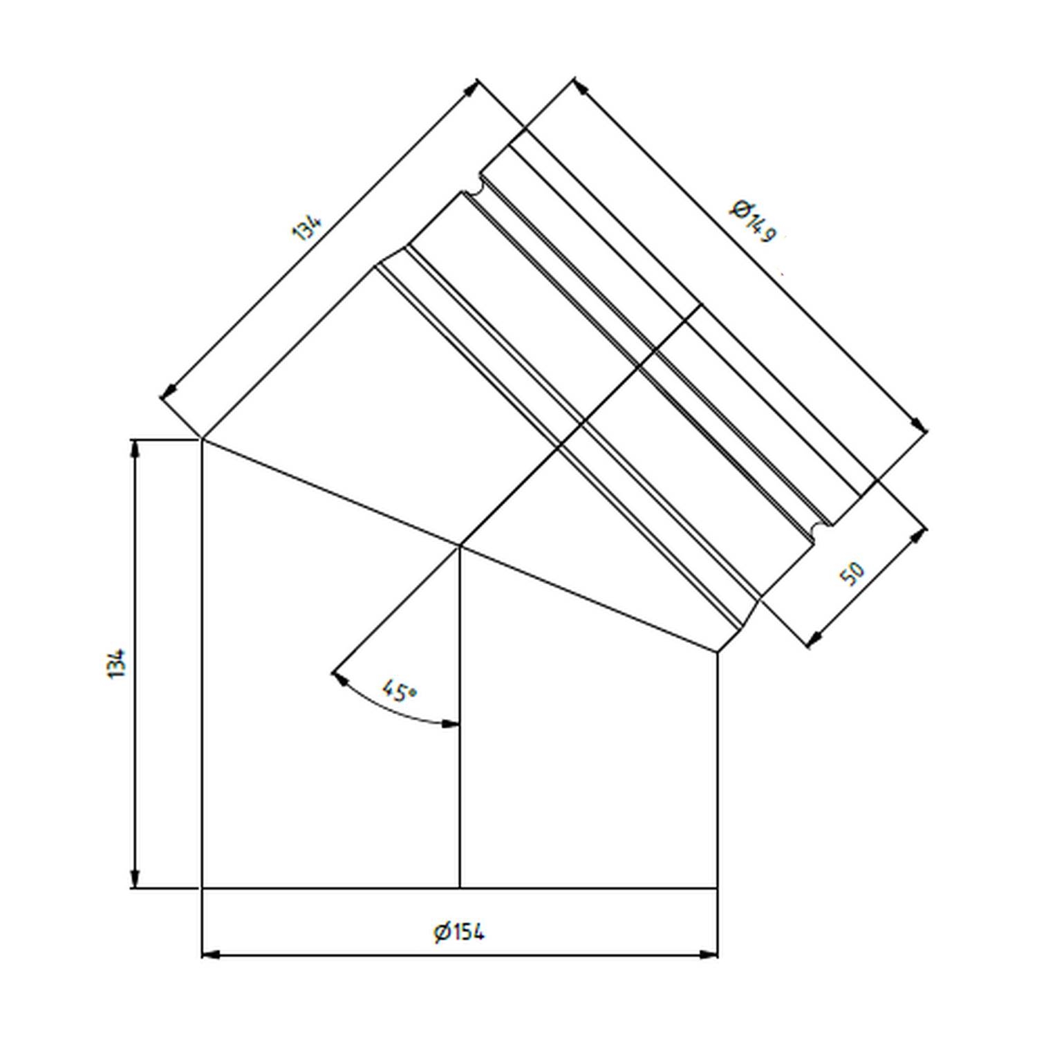 Raik Lifestyle Bogen Durchmesser 150/45° 2,00mm eingezogen 2-tlg mit Dichtung schwarz für Rauchrohr/ Ofenrohr