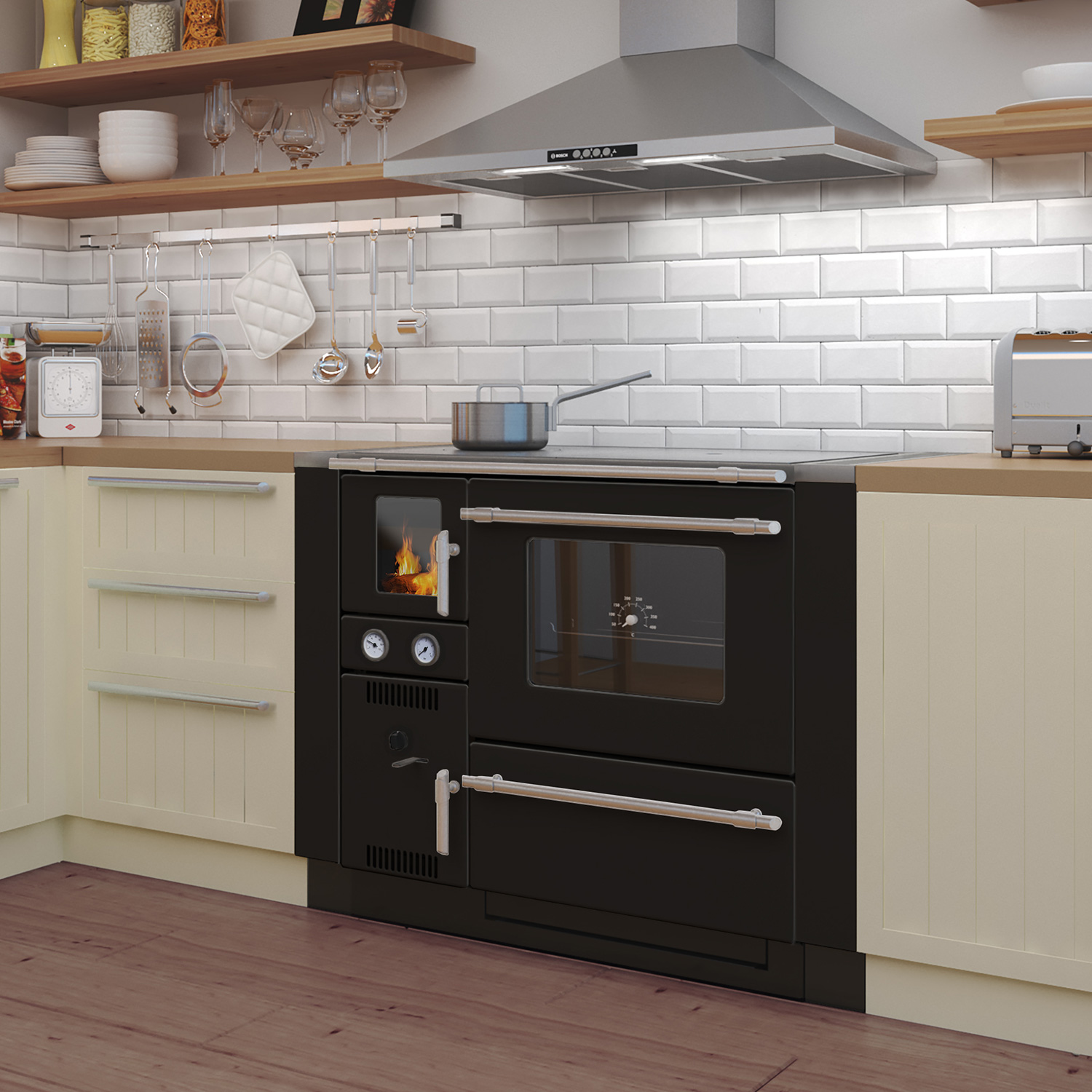 Wamsler K 148 Küchenofen wasserführend Schwarz/Matt, Rauchrohr rechts Wamsler K 148 Küchenofen wasserführend Schwarz/Matt, Rauchrohr rechts