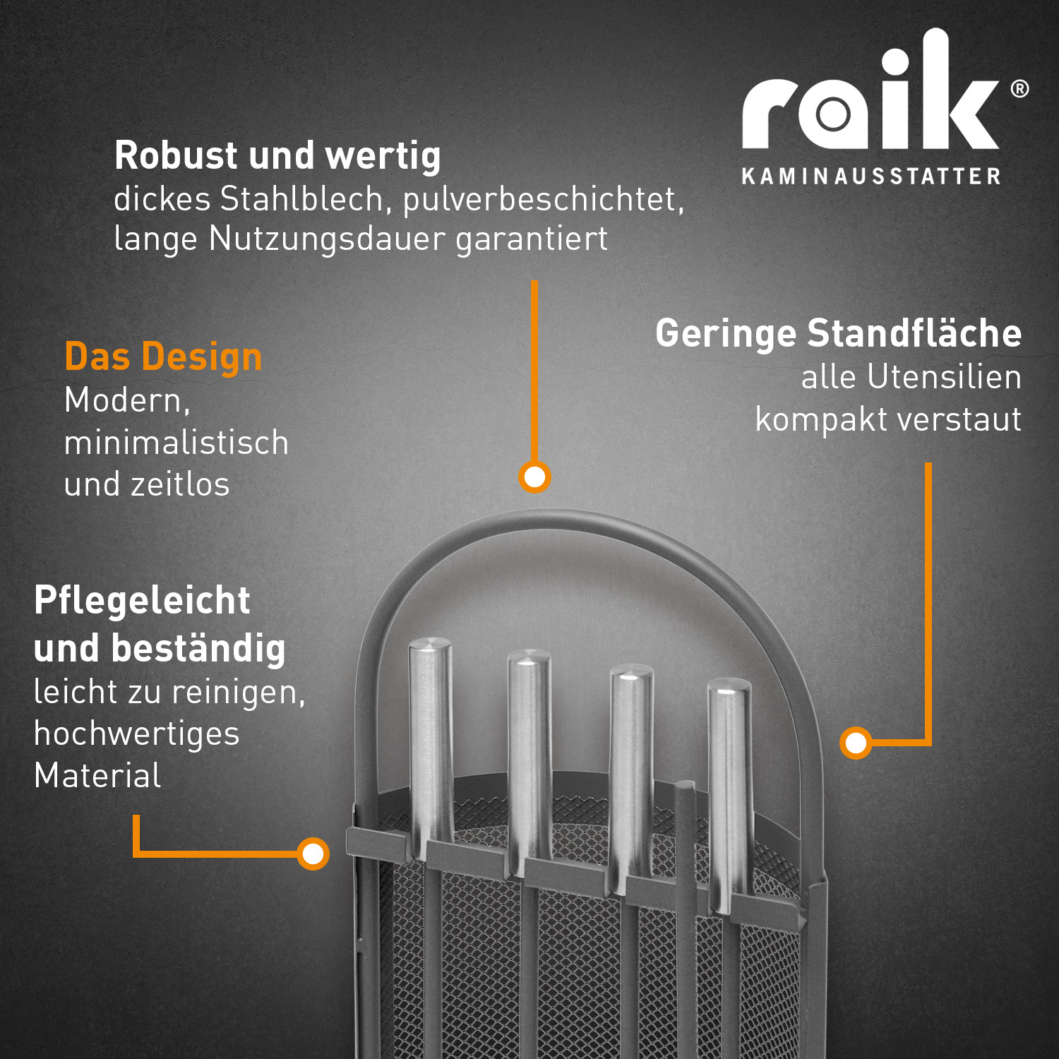 Raik Kaminbesteck Arthur, 4-teilig, anthrazit, Edelstahlgriffe, 66 cm