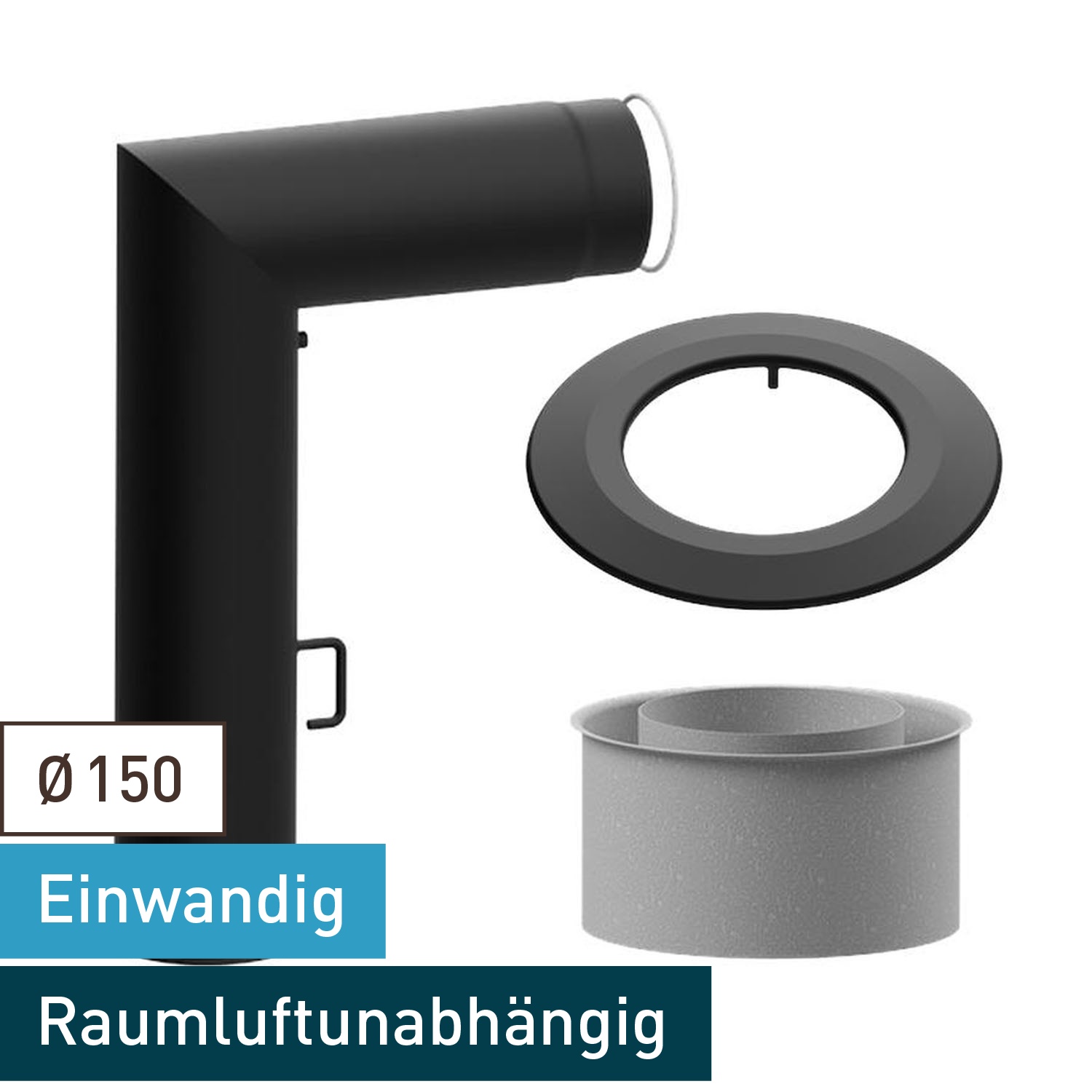 Raik WBG Set Lifestyle Durchmesser 150/90° 2,00mm 2-tlg 700/450 mit eingelegter Tür, mit DKL mit Dichtung schwarz für Rauchrohr/ Ofenrohr