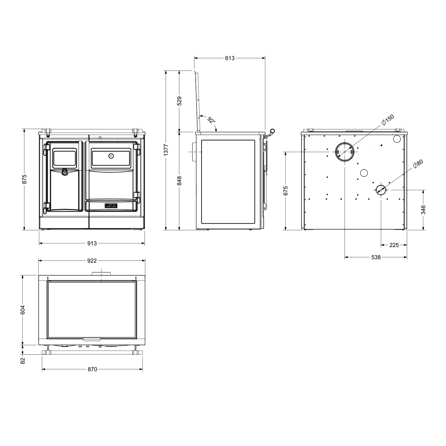 Hergom PAS 90 SE Küchenofen Gusseisen schwarz, Herdplatte Glaskeramik, RR hinten