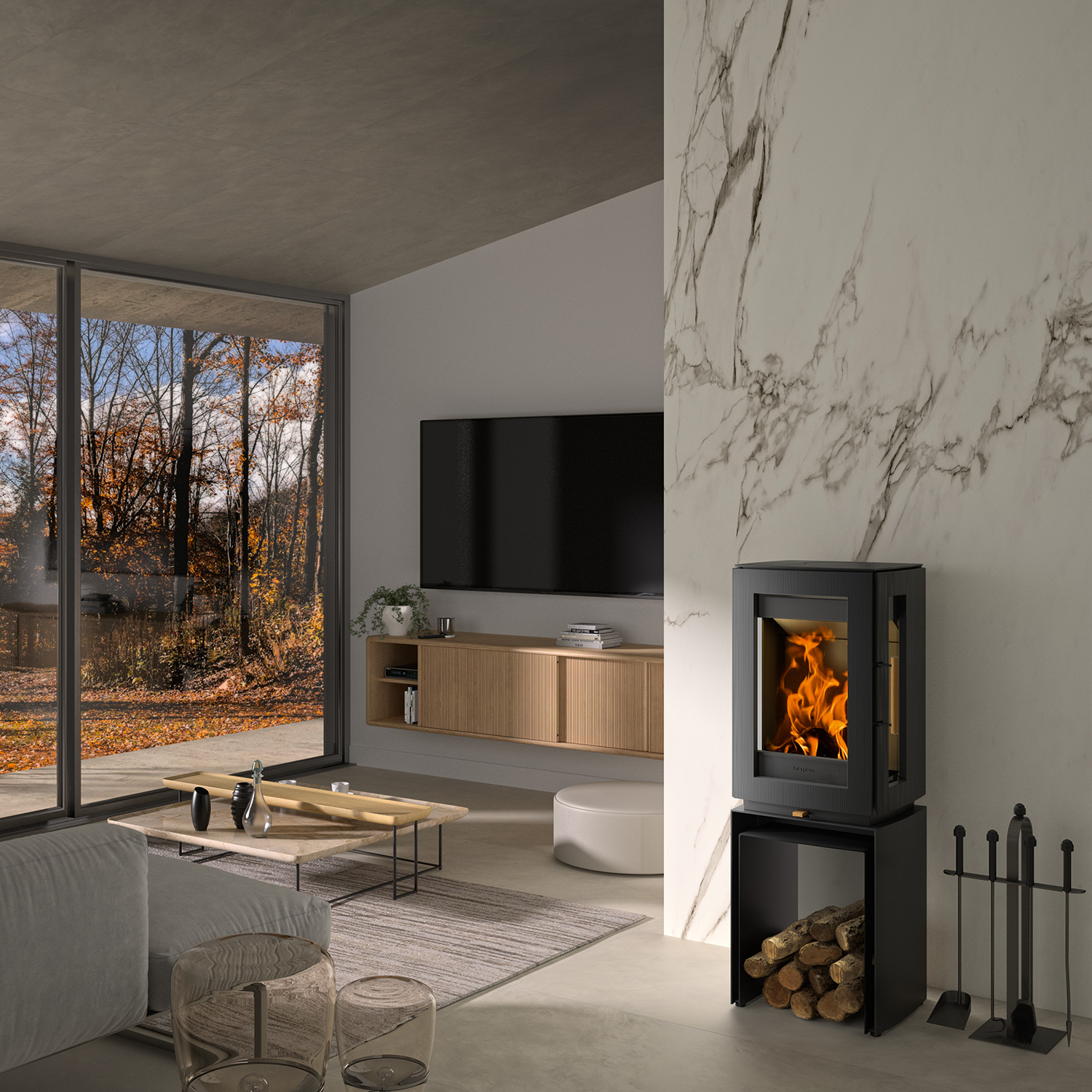 Hergom Glow Kaminofen Gusseisen Schwarz mit Bankerhöhung Hergom Glow Kaminofen Gusseisen Schwarz mit Bankerhöhung