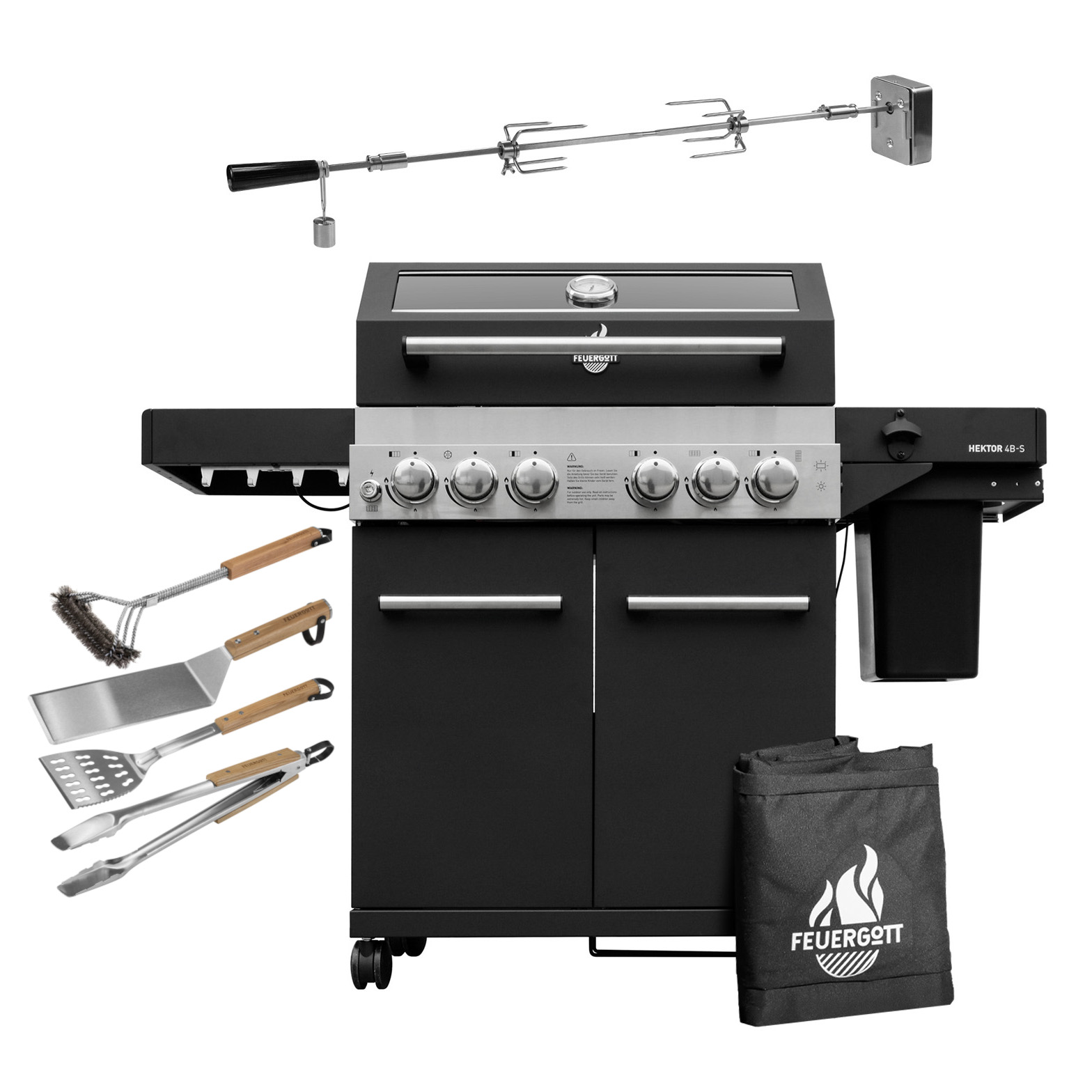 Feuergott Gas-Grillstation Hektor 4B-S All Inclusive mit Abdeckhaube, Drehspieß und 4-teiligem Grillbesteck