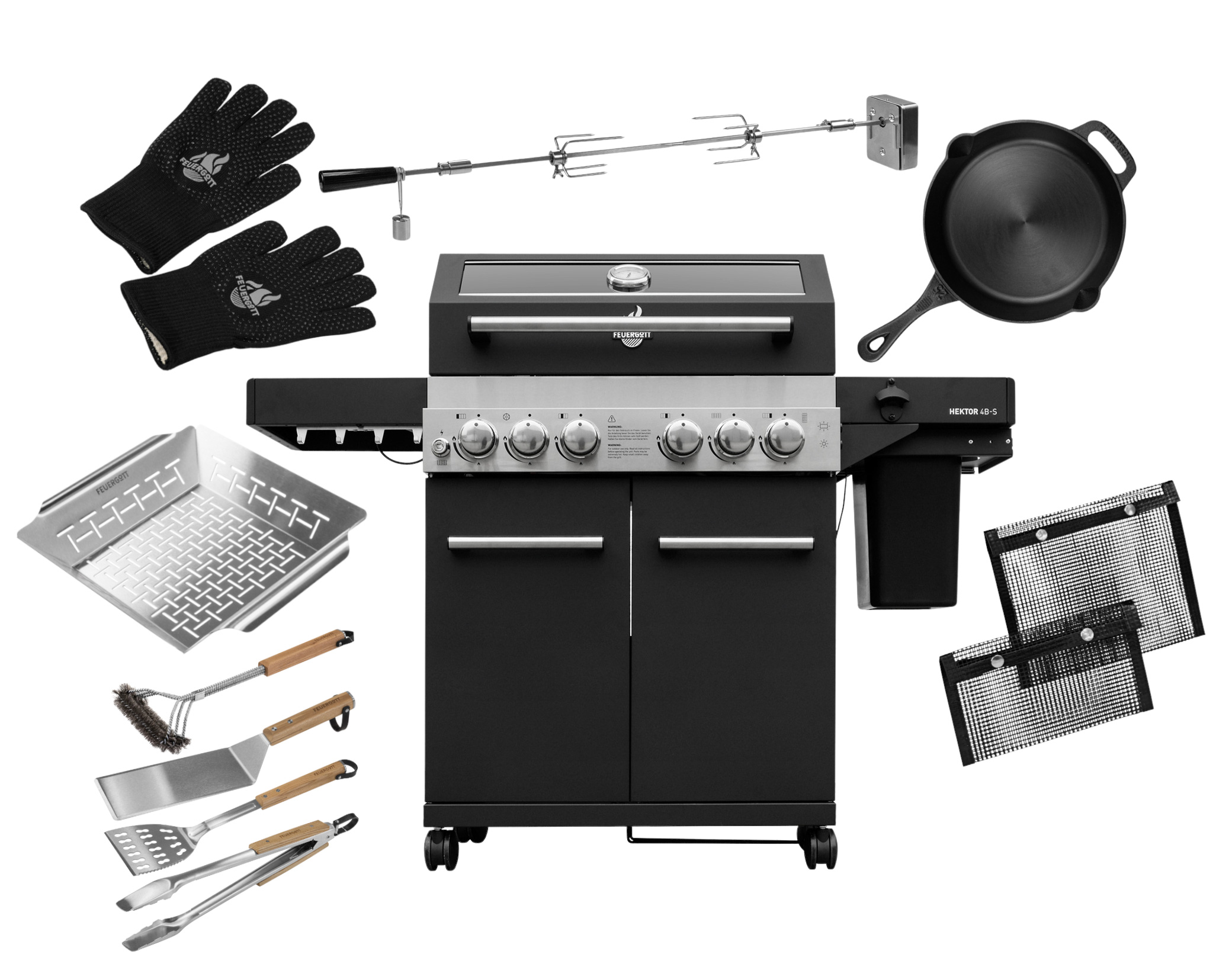 FEUERGOTT Gas-Grillstation Hektor 4B-S BBQ Set mit Abdeckhaube, Drehspieß, 3 Brenner, Infrarotbrenner, Heckbrenner, Seitenkocher und Grillzubehör