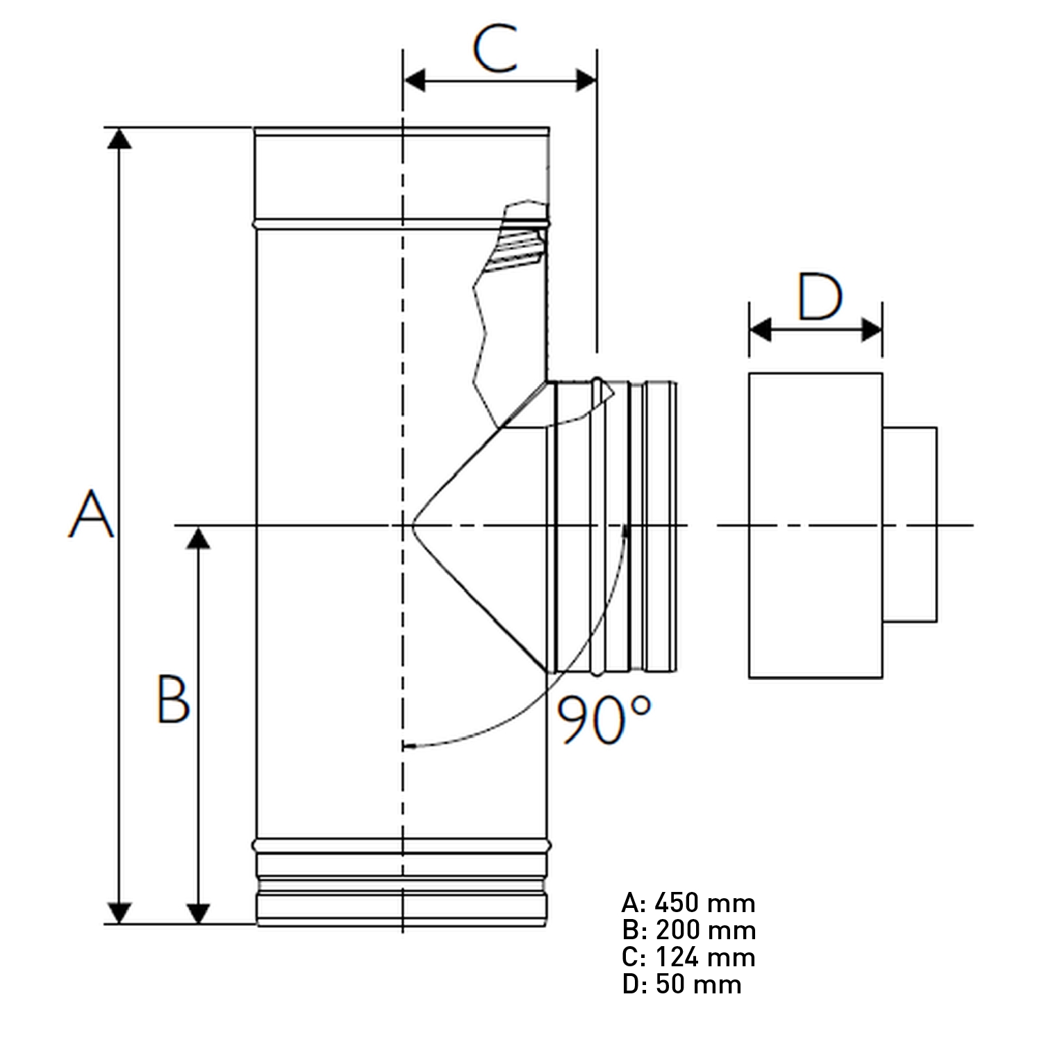 Schiedel PRIMA PLUS Inspektions T-Stück 90° H1 Ø180 mm einwandig matt