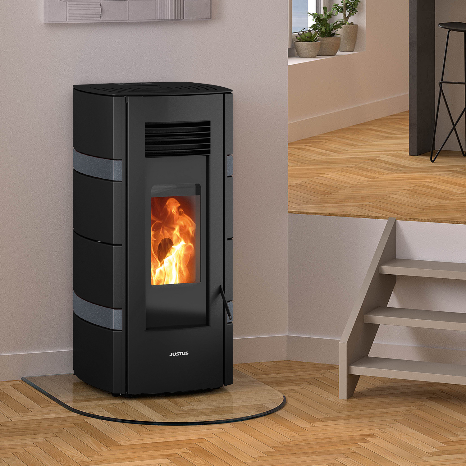 Justus Sia Pelletofen Stahl Schwarz / conStone Anthrazit Justus Sia Pelletofen Stahl Schwarz / conStone Anthrazit