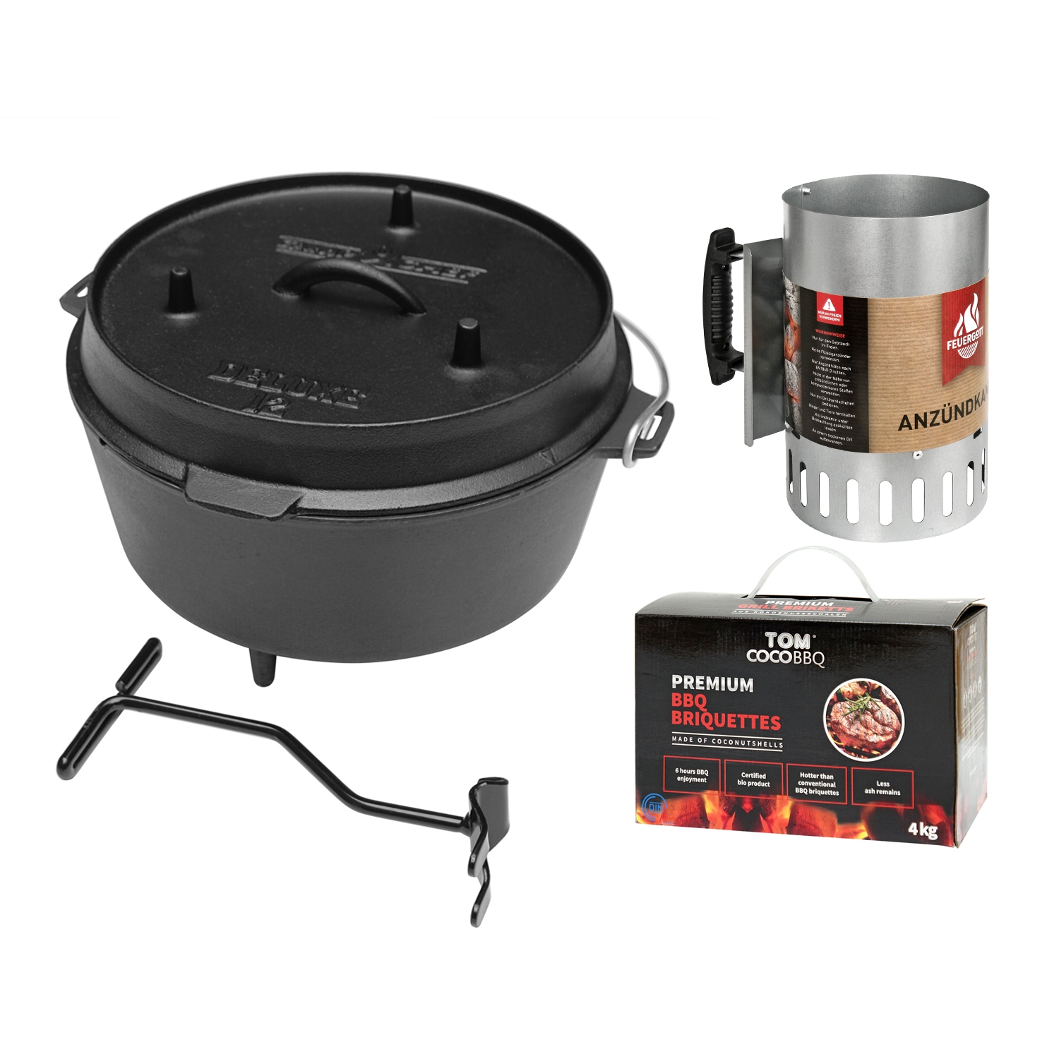 Camp Chef Deluxe Dutch Oven DO-12 mit 4 kg Tom Coco Grill-Kokoskohle Briketts und Feuergott Anzündkamin