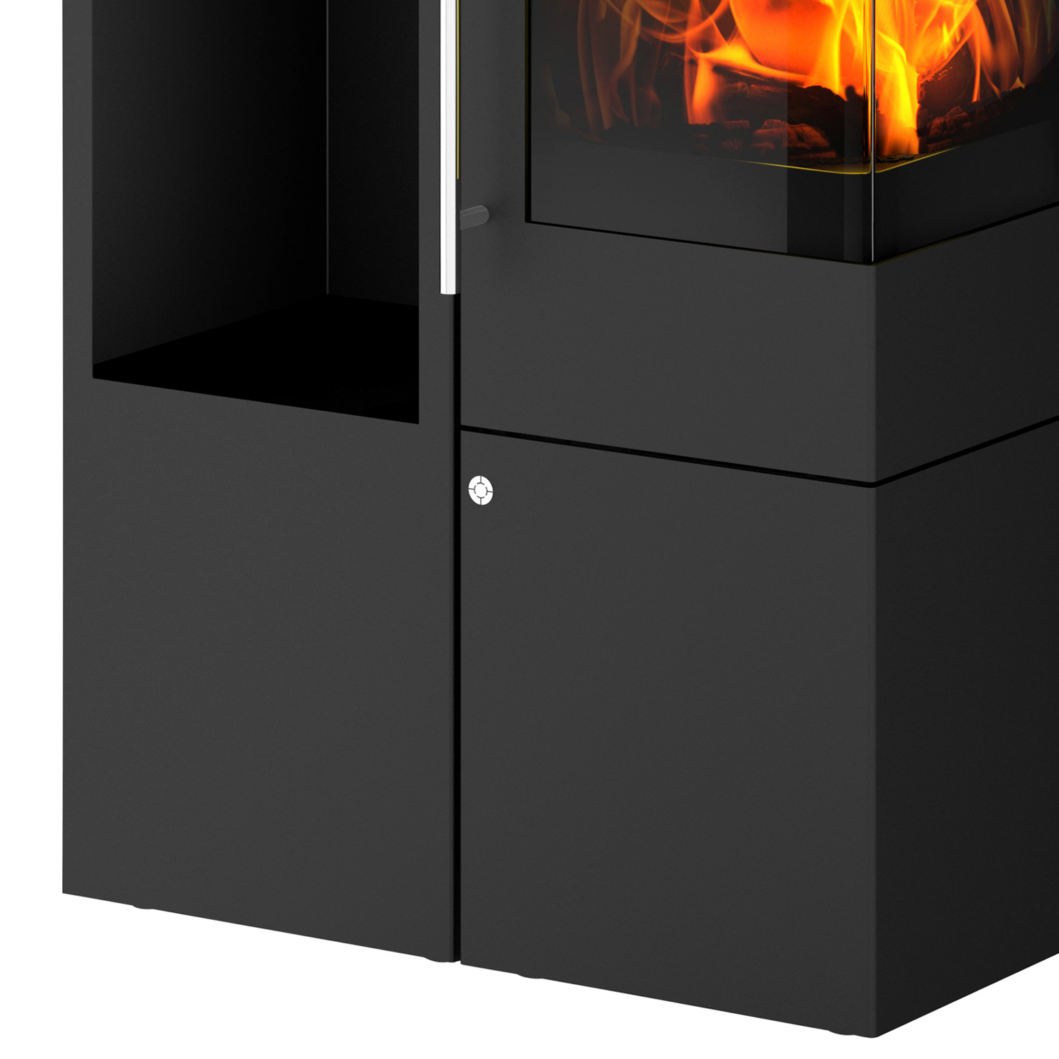 Olsberg Ipala Smart Compact Kaminofen Stahl schwarz, Türanschlag rechts, Stahltür mit Holzregal links
