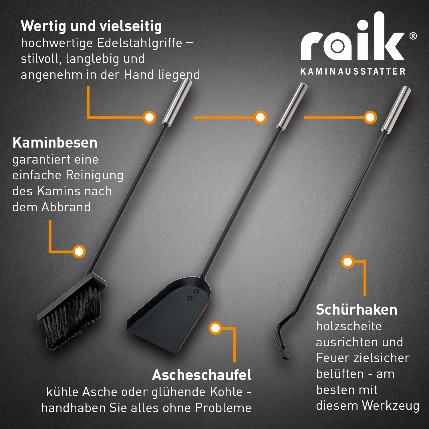 Raik Kaminbesteck Ludwig Set 4-teilig Schwarz